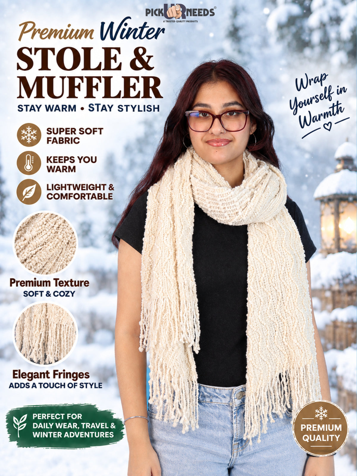 Pick Ur Needs Premium Winter Stole & Muffler for Women Soft Woven Textured Wrap with Elegant Fringes Warm Shawl