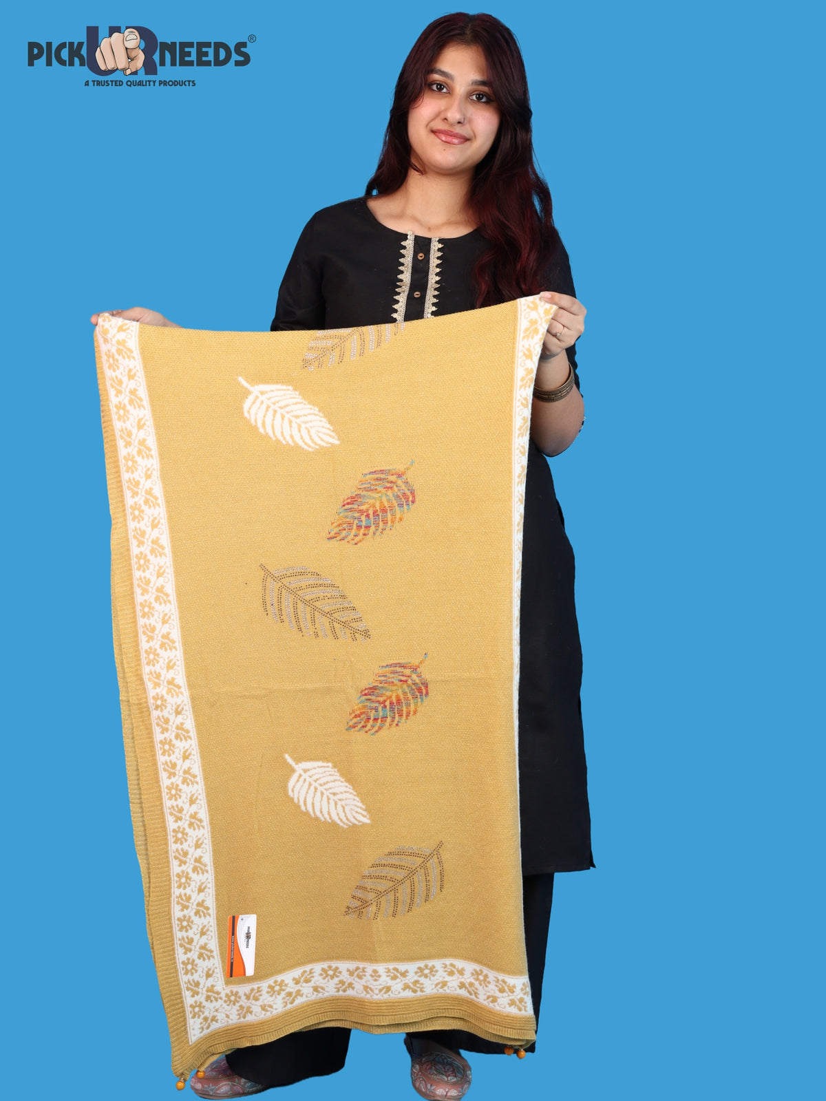 Pick Ur Needs Girls & Womens Winter Soft Lightweight Knitted Shawl with Leaf Design, Floral Border & Decorative Tassels
