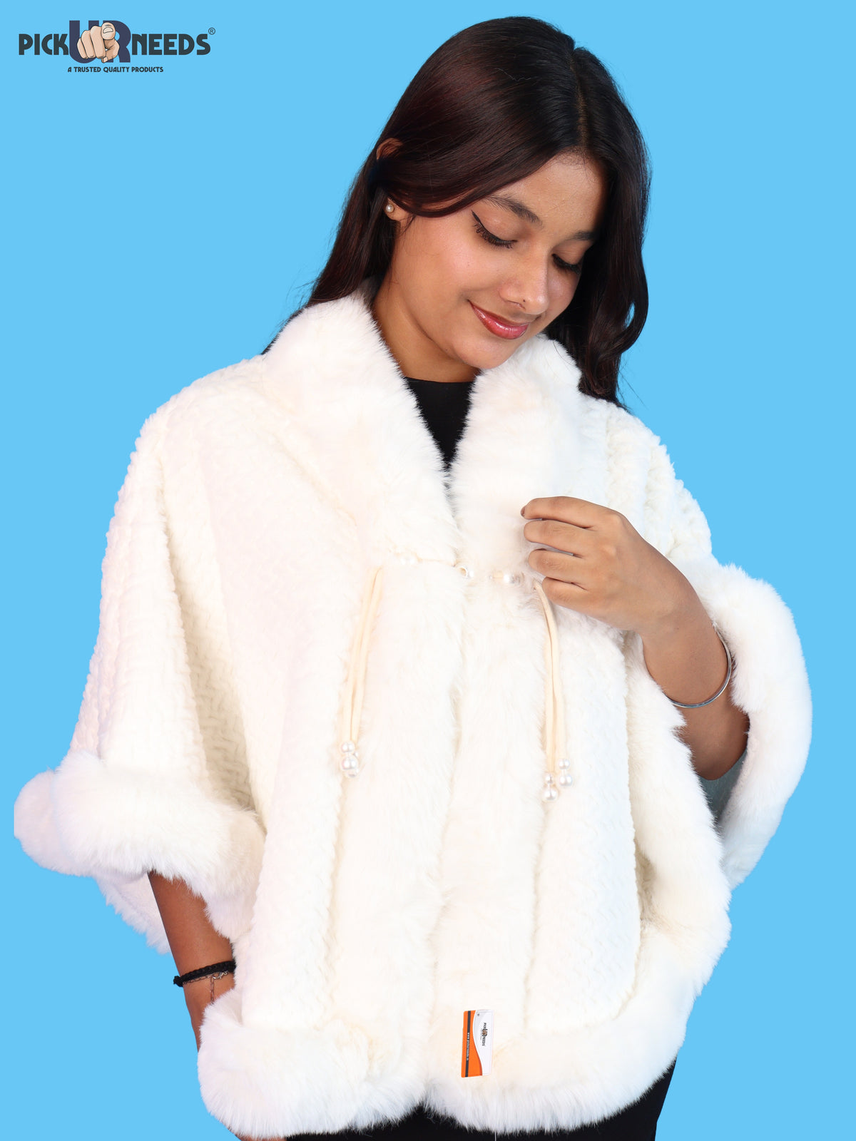 Pick Ur Needs Ladies Winter Shrug with Plush Fur Style Border & Pearl Bead Accents Textured Soft Fabric Open Front Cape Poncho with Wide Sleeves for Girls & Women