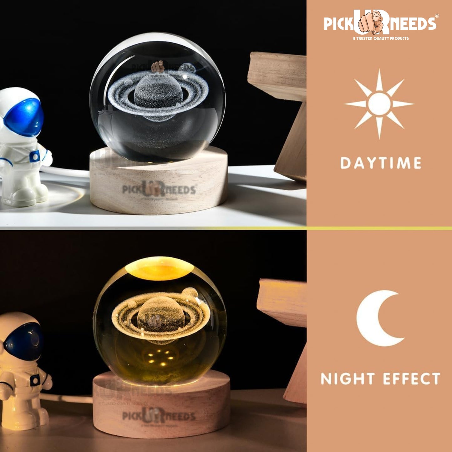 Pick Ur Needs 3D Galaxy Laxmi Ganesh Crystal Ball Night Light– Beech Wood Base– Decor for Home Night Lamp  (9.5 cm, Gold)