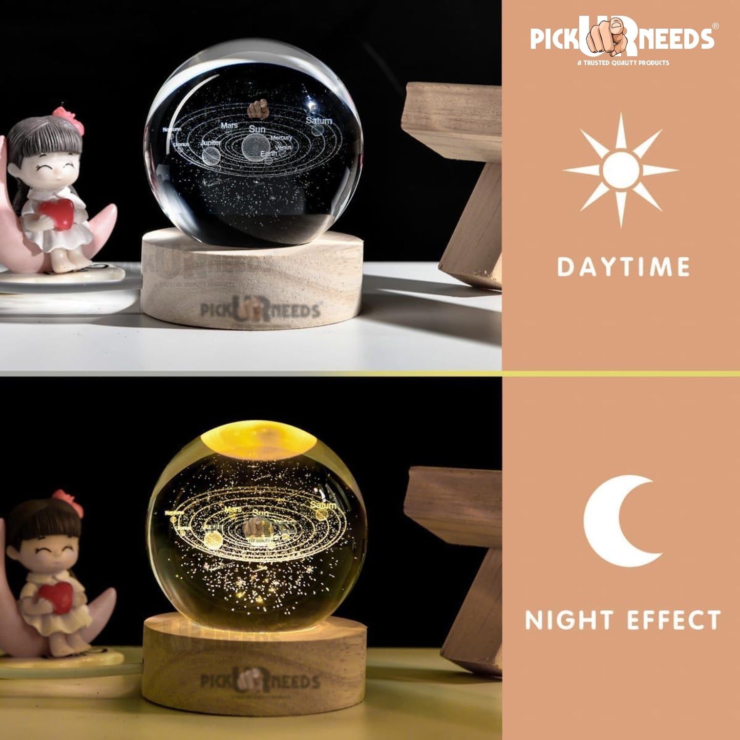 Pick Ur Needs 3D Galaxy Laxmi Ganesh Crystal Ball Night Light– Beech Wood Base– Decor for Home Night Lamp  (9.5 cm, Gold)