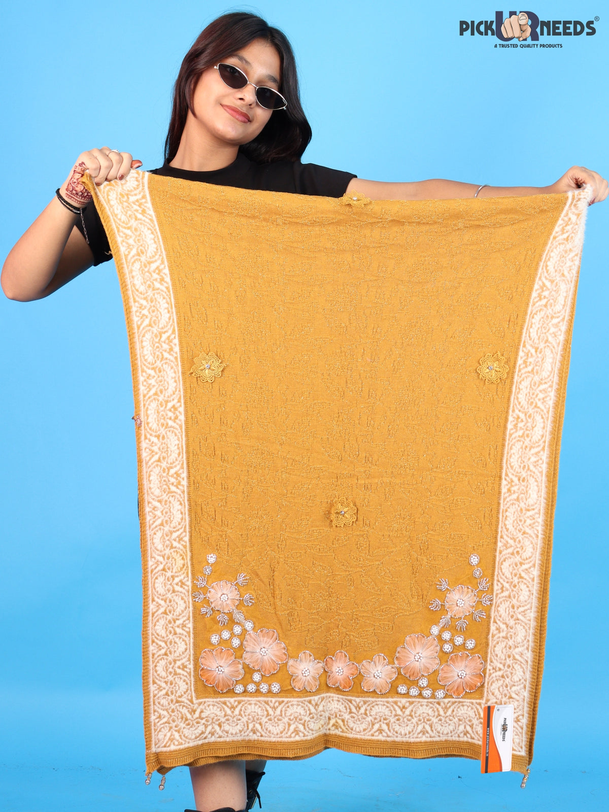 Pick Ur Needs Winter Woolen Womens Open Front Stylish Shrug with Elegant Floral Embroidery & Designer Border Soft Warm for Ladies & Girls