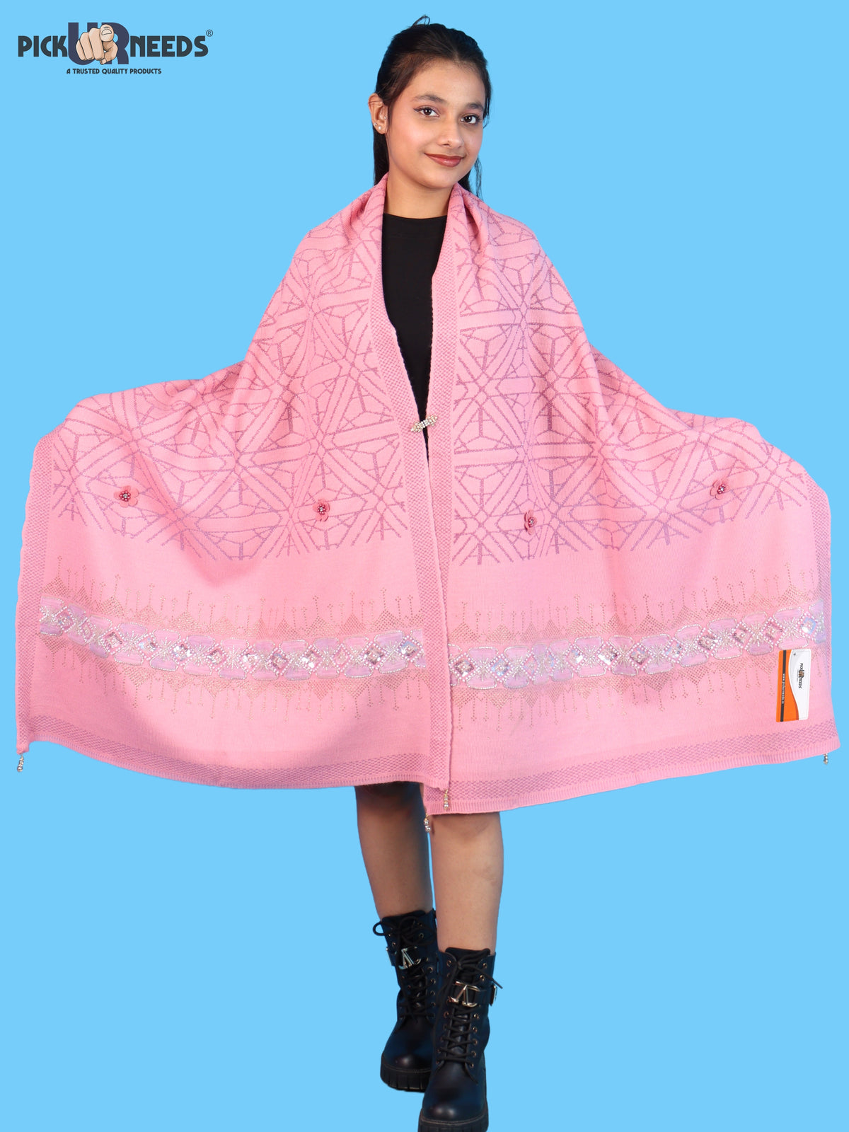 Pick Ur Needs Womens Soft Woolen Winter Girls Shawl with Elegant Geometric Design & Floral Embellishments Lightweight Warm Comfortable Ladies Shawl