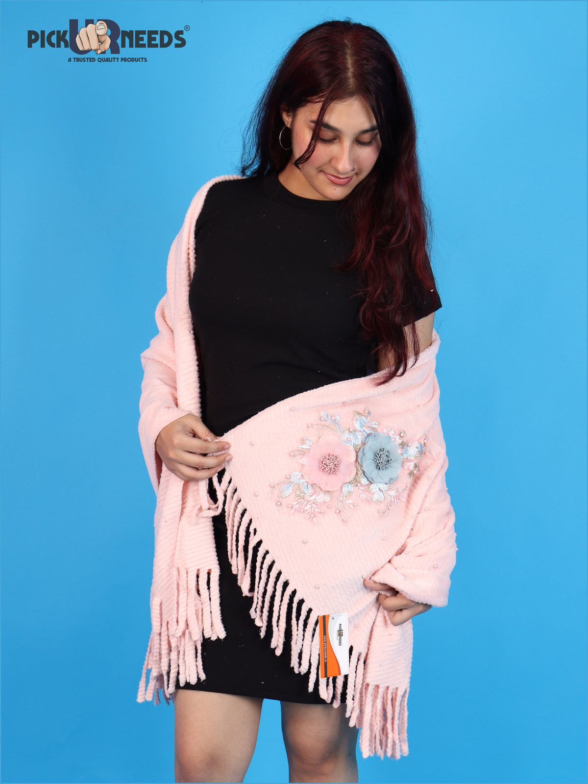 Pick Ur Needs Premium Floral Embroidered Winter Shawl Stole Soft Warm Wrap with Pearl Embellishments & Fringed Border For Girls & Womens