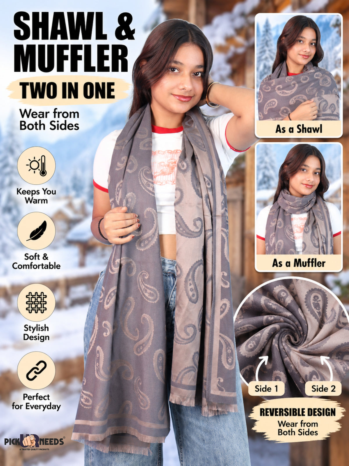 Pick Ur Needs Women & Girls Reversible 2 in 1 Woolen Muffler Soft Warm Dual Side Winter Scarf with Elegant Paisley Pattern