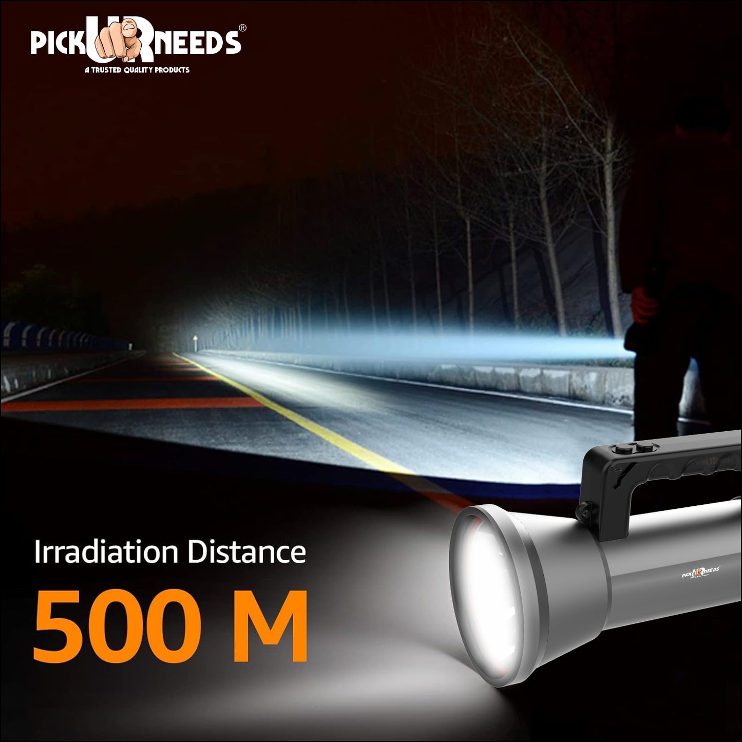 Pick Ur Needs Rechargeable LED Outdoor Torch 200 Watt Laser Light 3600mAh Battery Metal Body 5 hrs Torch Emergency Light