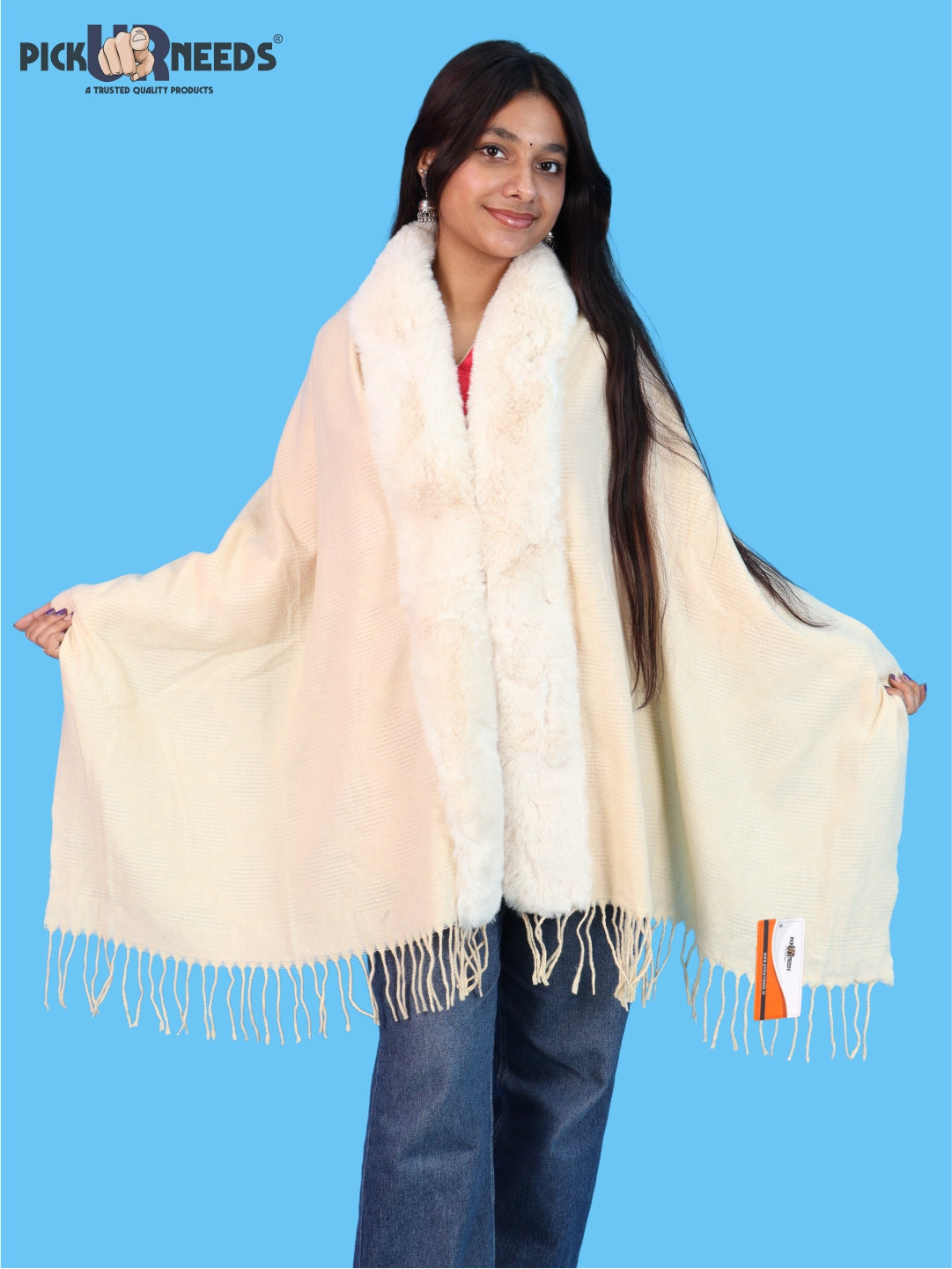 Pick Ur Needs Stylish Womens & Girls Winter Wear Shawl with Fur-Style Soft Warm Printed Wrap Stole with Fringes