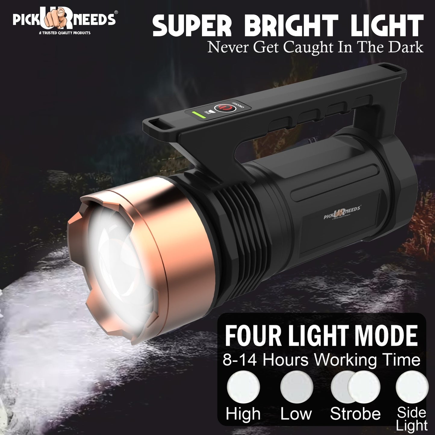 Pick Ur Needs Adjustable Focus 250 Watt Laser Torch Light 6000mAh Lithium Battery Metal Head 5 hrs Torch Emergency Light  (Copper)