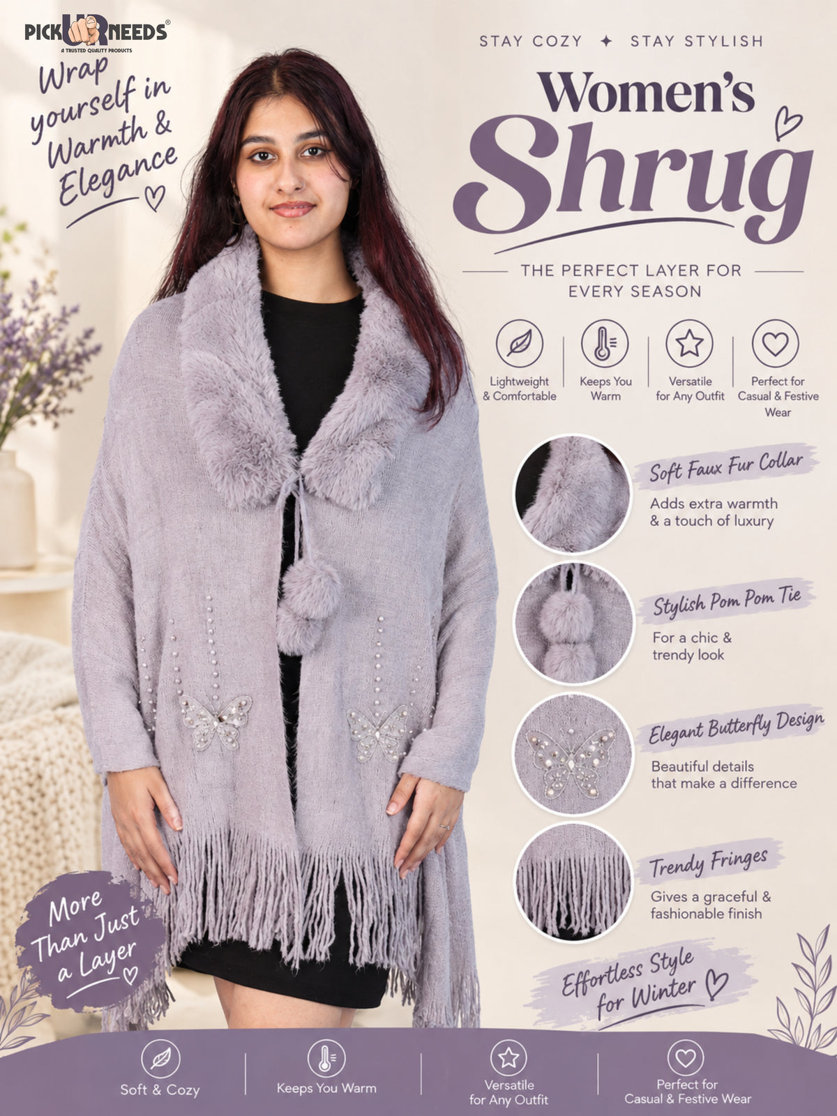 Pick Ur Needs Womens Faux Fur Collar Shrug with Pom Pom Tie Shawl Elegant Fringed Winter Wrap for Women & Girls