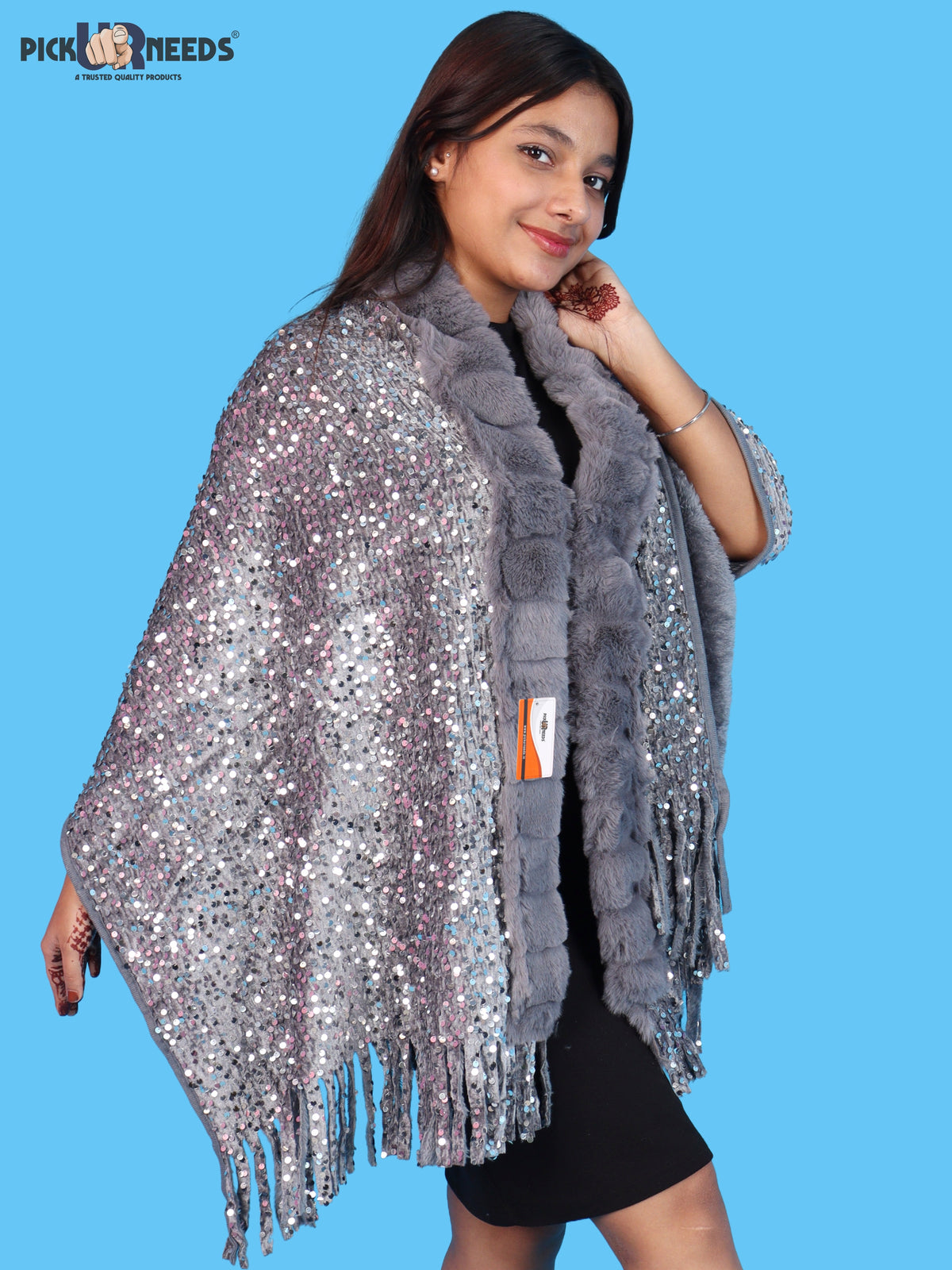 Pick Ur Needs Premium Winter Women Shawl with Shimmering Sequin Work & Soft Fur Border Elegant Warm Designer Shawls with Fringe Tassels for Ladies & Girls