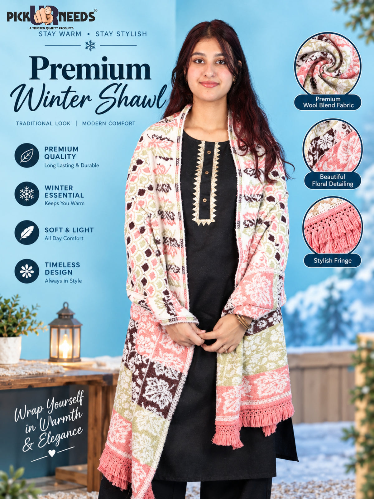 Pick Ur Needs Womens & Girls Winter Premium Shawl Floral Patterned Wool Blend Wrap with Decorative Border & Fringe Finish