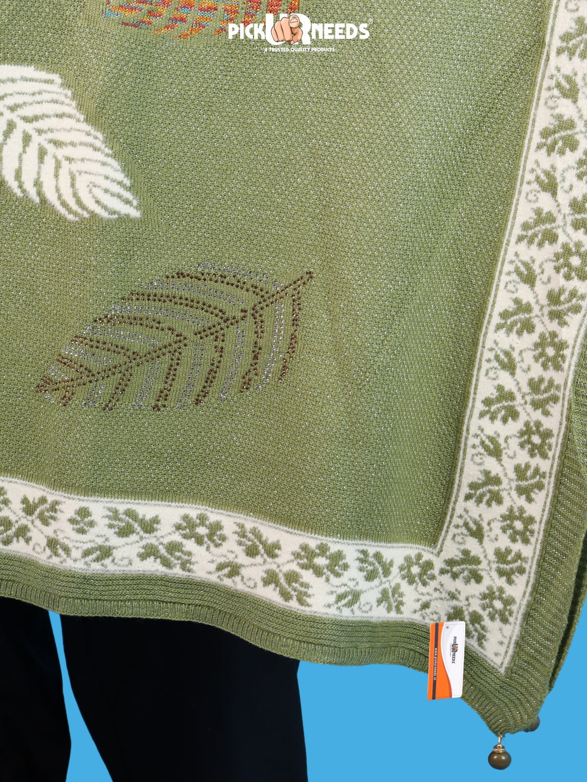 Pick Ur Needs Girls & Womens Winter Soft Lightweight Knitted Shawl with Leaf Design, Floral Border & Decorative Tassels