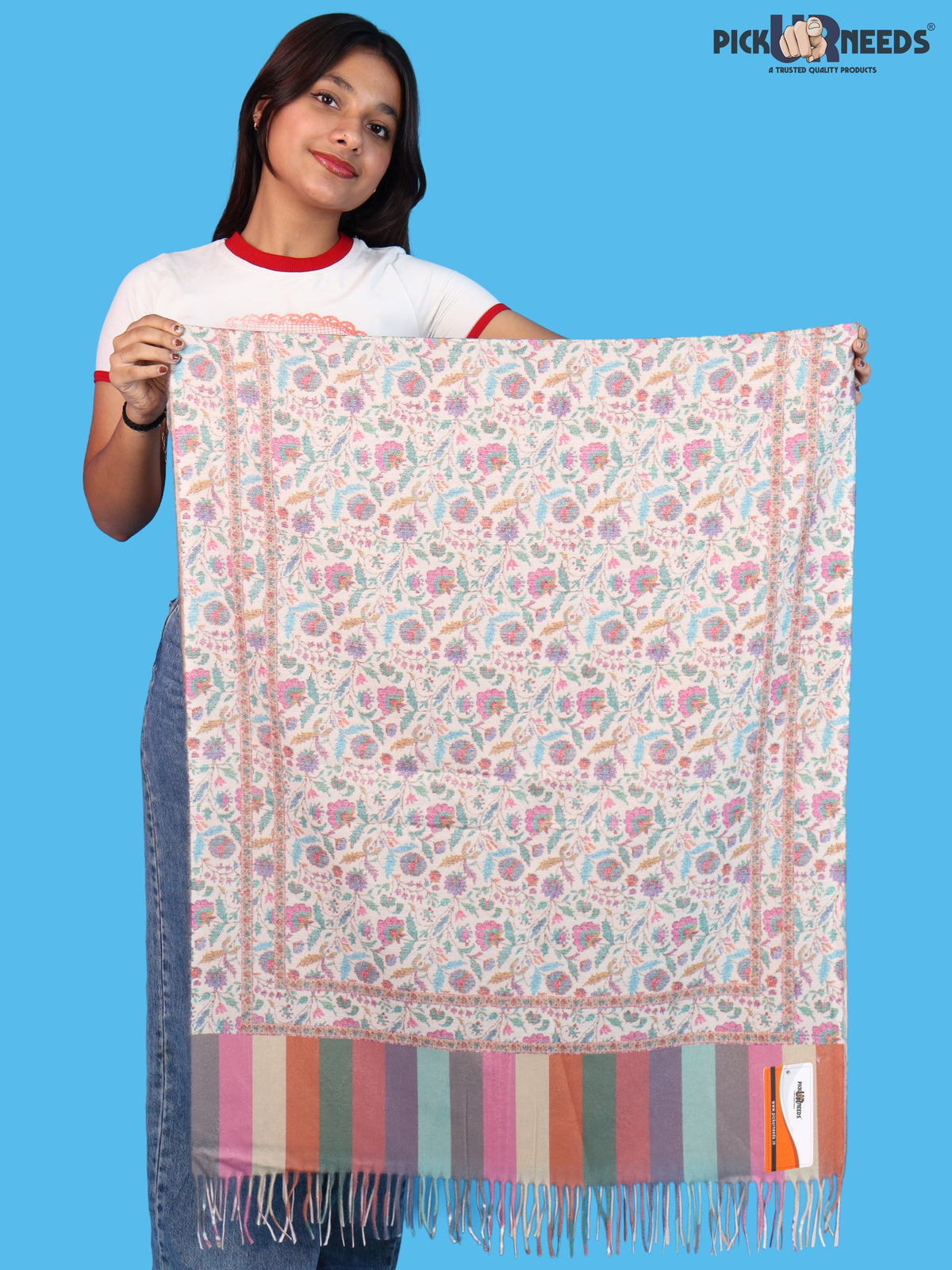 Pick Ur Needs Women & Girls Soft Woolen Shawl Elegant Floral Design Winter Neck Scarf with Decorative Border & Fringes