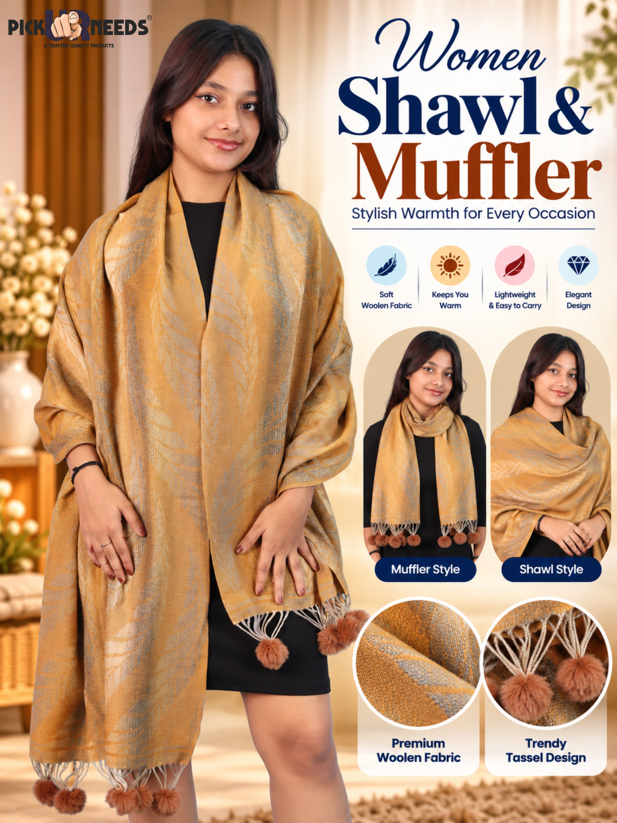 Pick Ur Needs Womens Designer Woolen Shawl & Stole with Elegant Leaf Pattern and Pom Pom Tassels, Winter Soft Warm Lightweight Winter Wrap