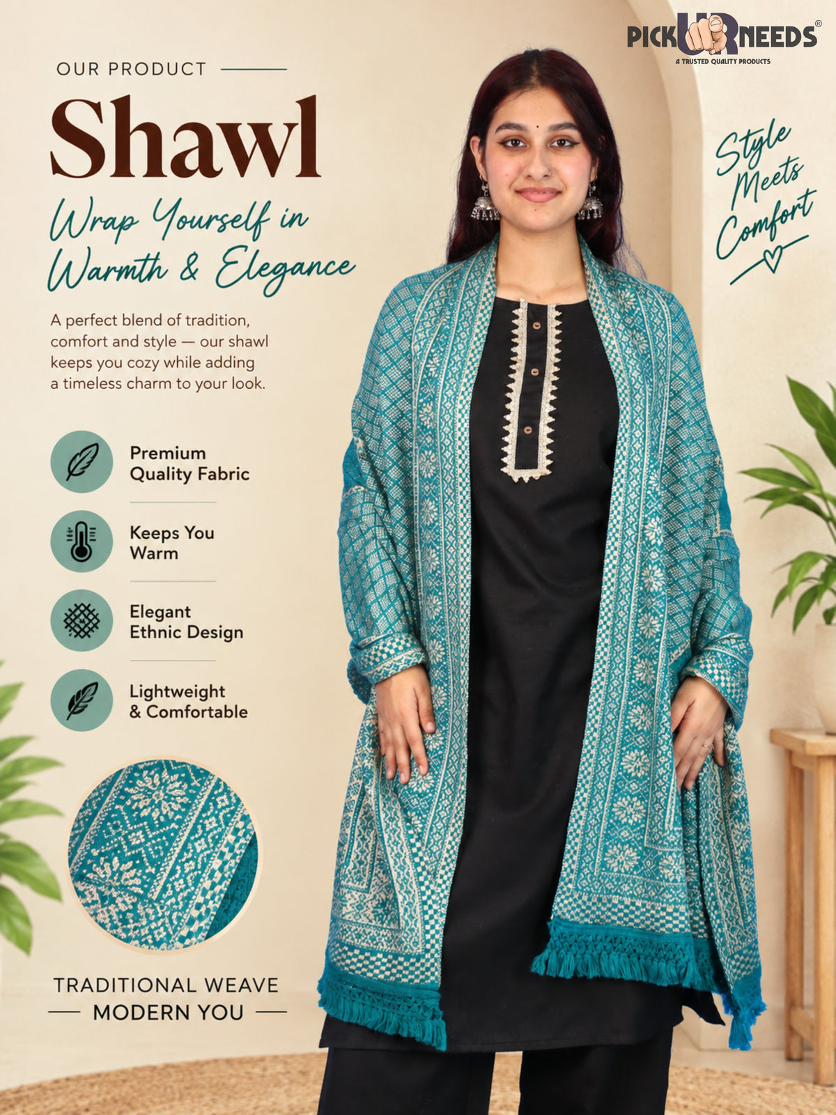 Pick Ur Needs Women & Girls Designer Shawl Stole with Elegant Woven Floral & Geometric Pattern, Soft Warm Winter Wrap with Fringed Border, Stylish Shoulder Scarf for Ladies