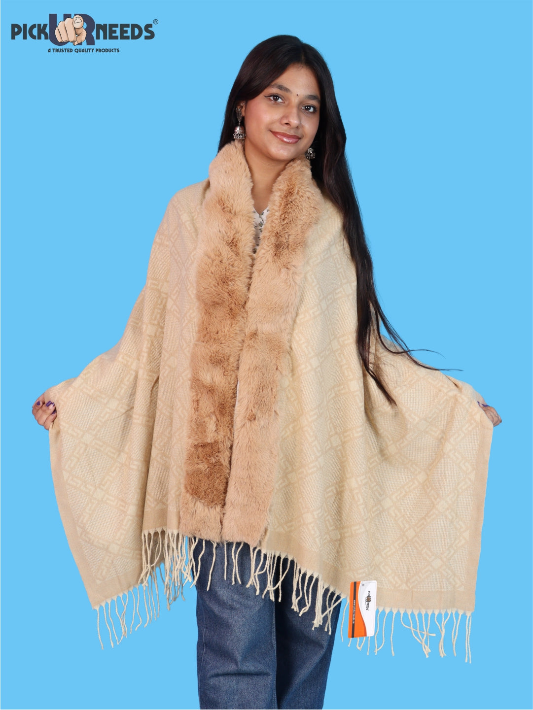 Pick Ur Needs Stylish Womens & Girls Winter Wear Shawl with Fur-Style Soft Warm Printed Wrap Stole with Fringes