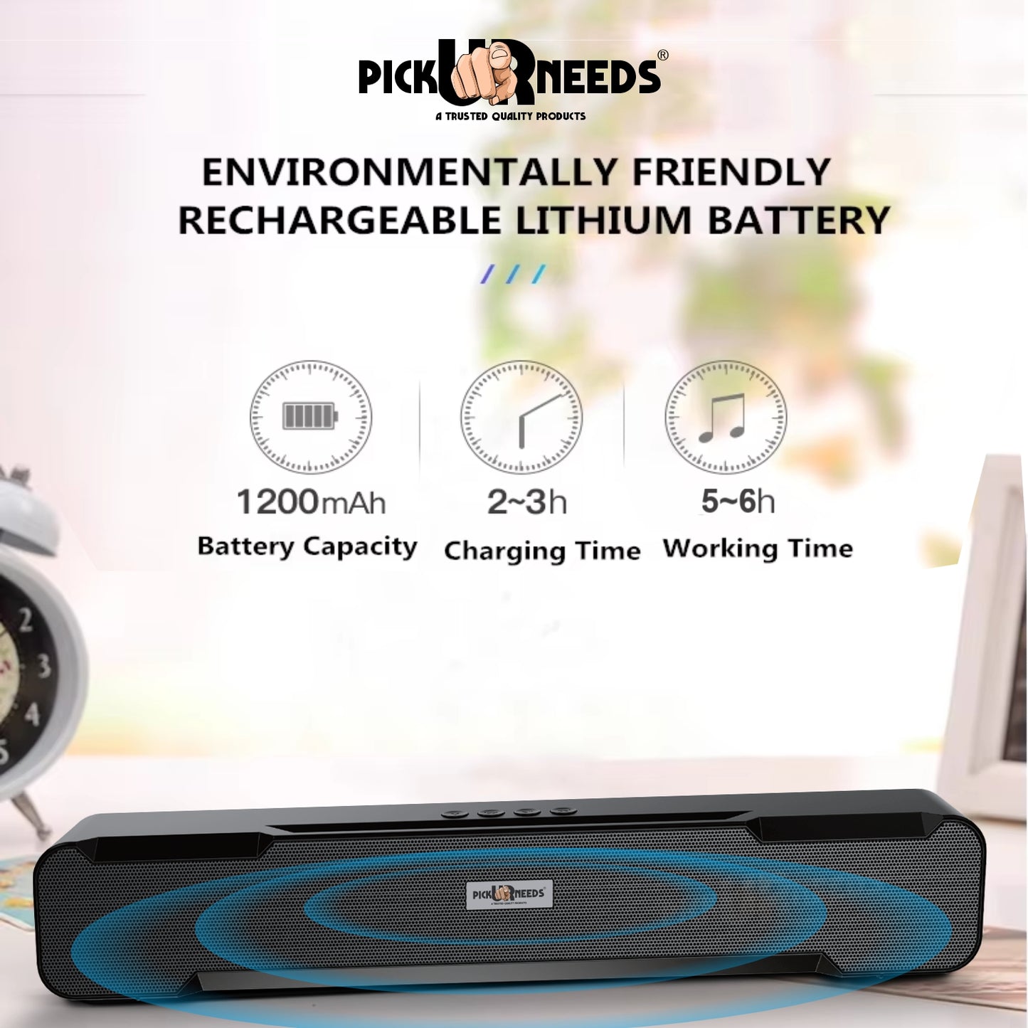 Pick Ur Needs Portable Bluetooth Wireless Soundbar Party Speaker 10W, Heavy Bass, TWS, 5H Playtime, Multi-Connectivity (USB/SD/FM/AUX)