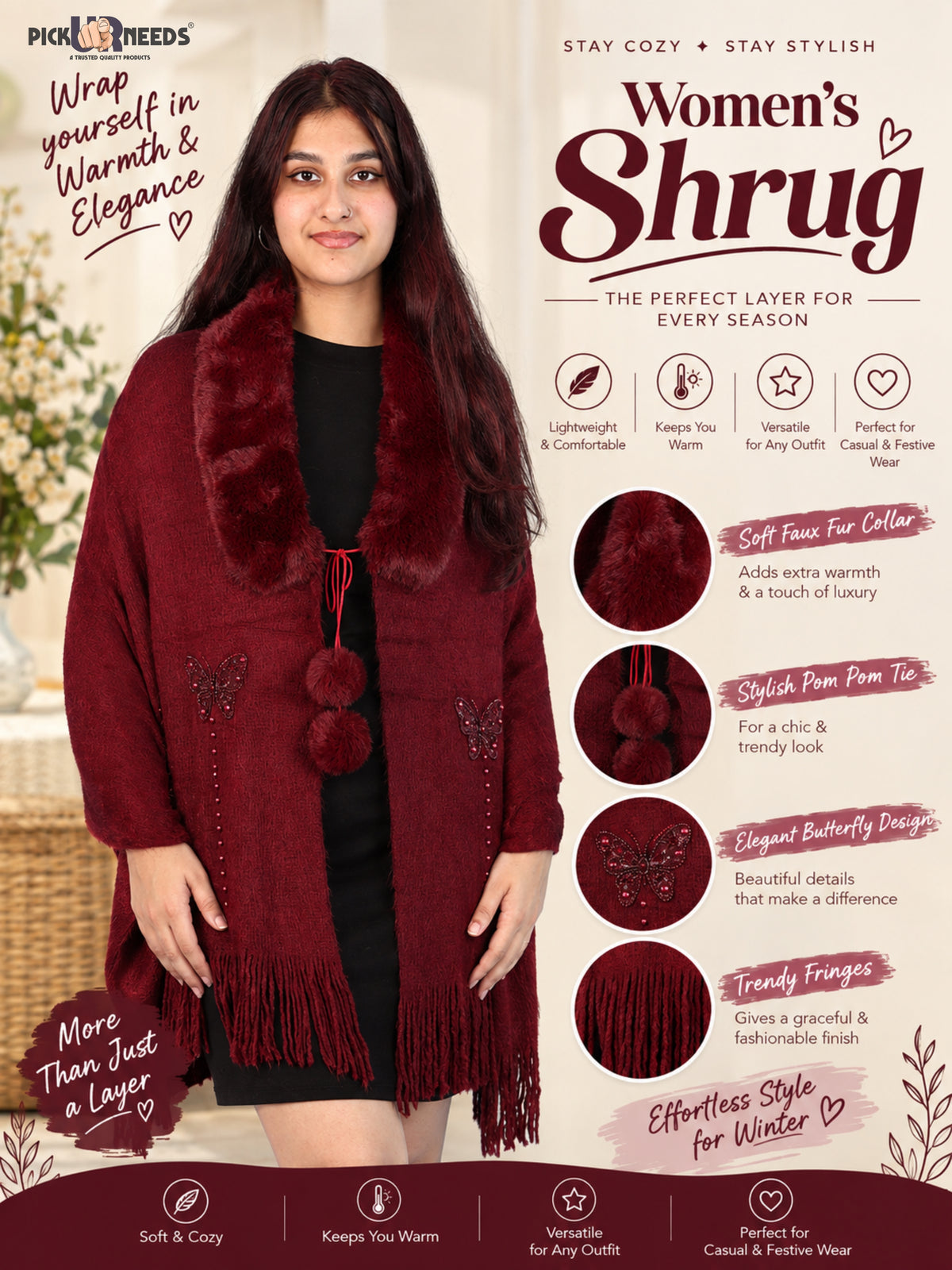Pick Ur Needs Womens Faux Fur Collar Shrug with Pom Pom Tie Shawl Elegant Fringed Winter Wrap for Women & Girls