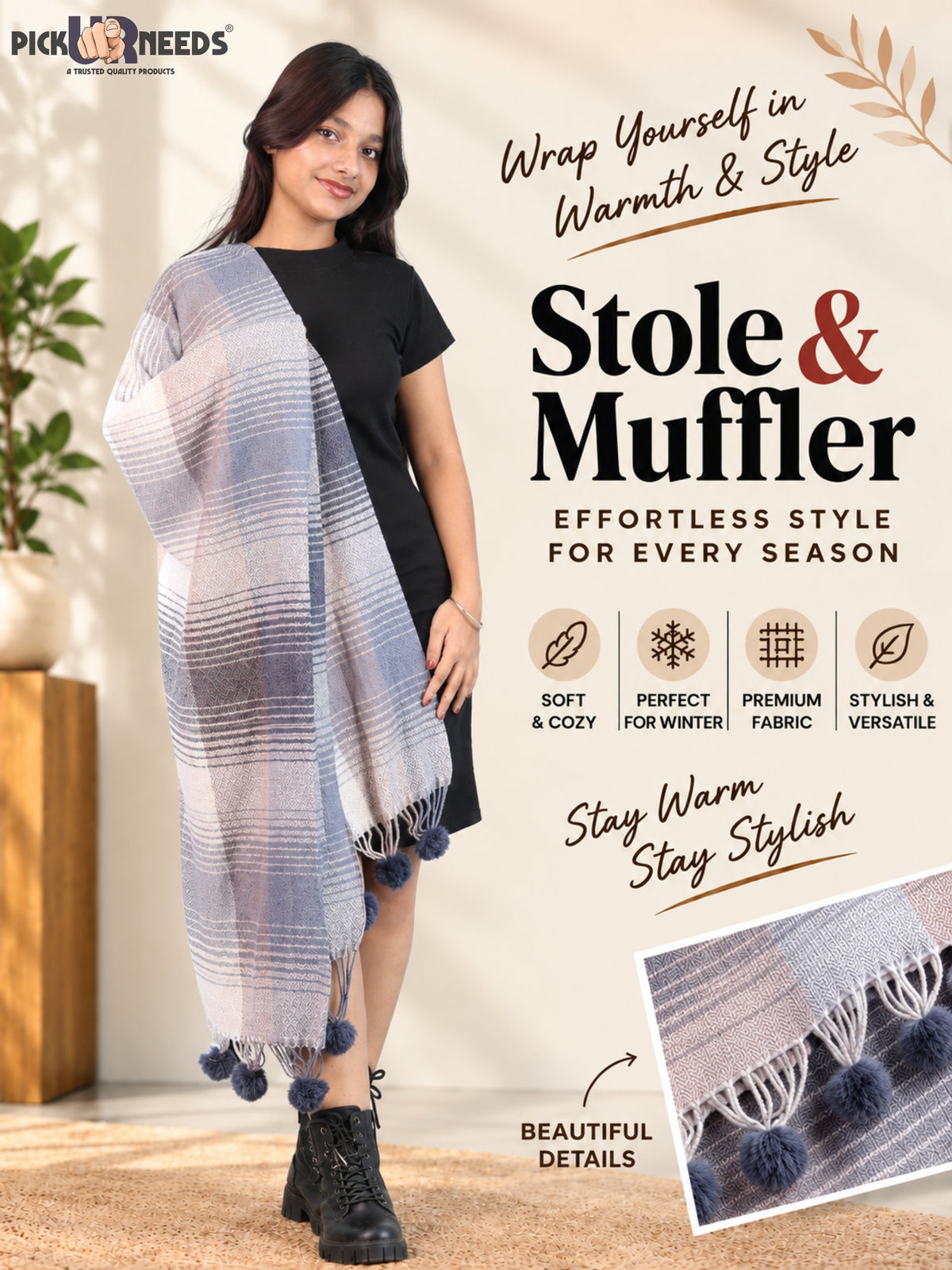 Pick Ur Needs Women & Girls Winter Shawl Soft Warm Striped Pattern Shawl with Tassel & Pom Pom Border Stylish Ladies Winter Wrap