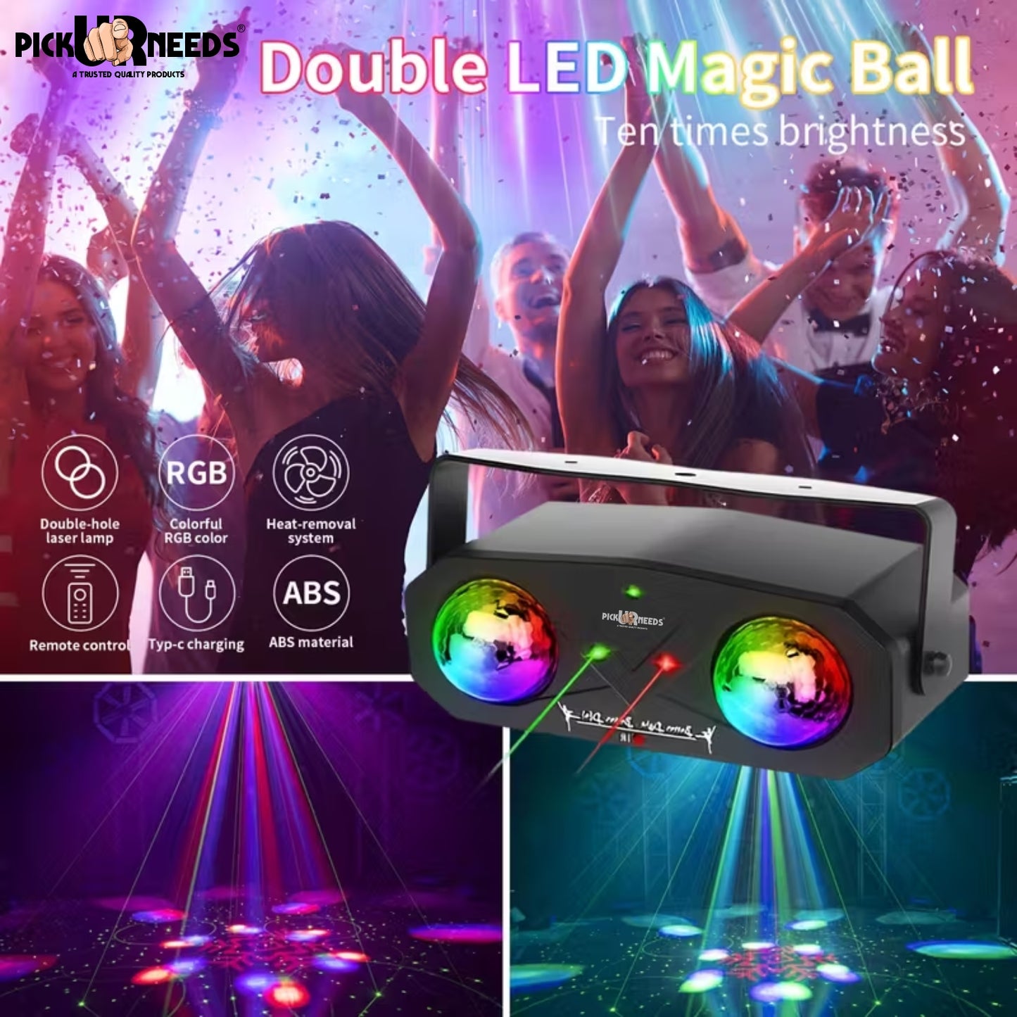 Pick Ur Needs Dual Lens Party Light Projector with Remote – Sound Activated LED Disco Ball Light with RGB Laser & Strobe Effects for Home Party, Club, DJ, Wedding, Stage Lighting – Plug & Play