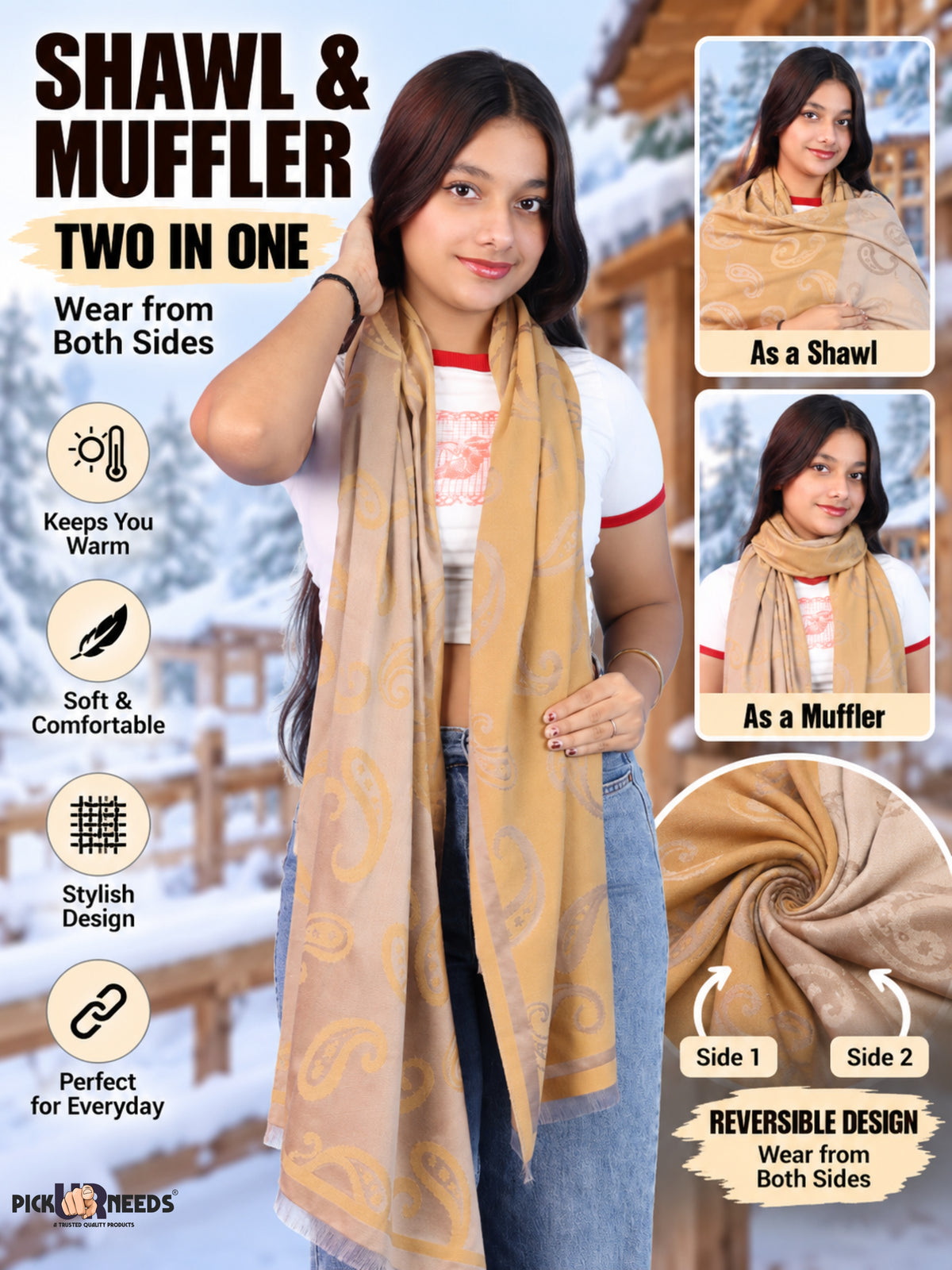 Pick Ur Needs Women & Girls Reversible 2 in 1 Woolen Muffler Soft Warm Dual Side Winter Scarf with Elegant Paisley Pattern