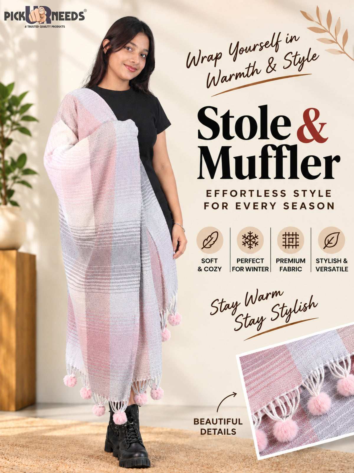 Pick Ur Needs Women & Girls Winter Shawl Soft Warm Striped Pattern Shawl with Tassel & Pom Pom Border Stylish Ladies Winter Wrap