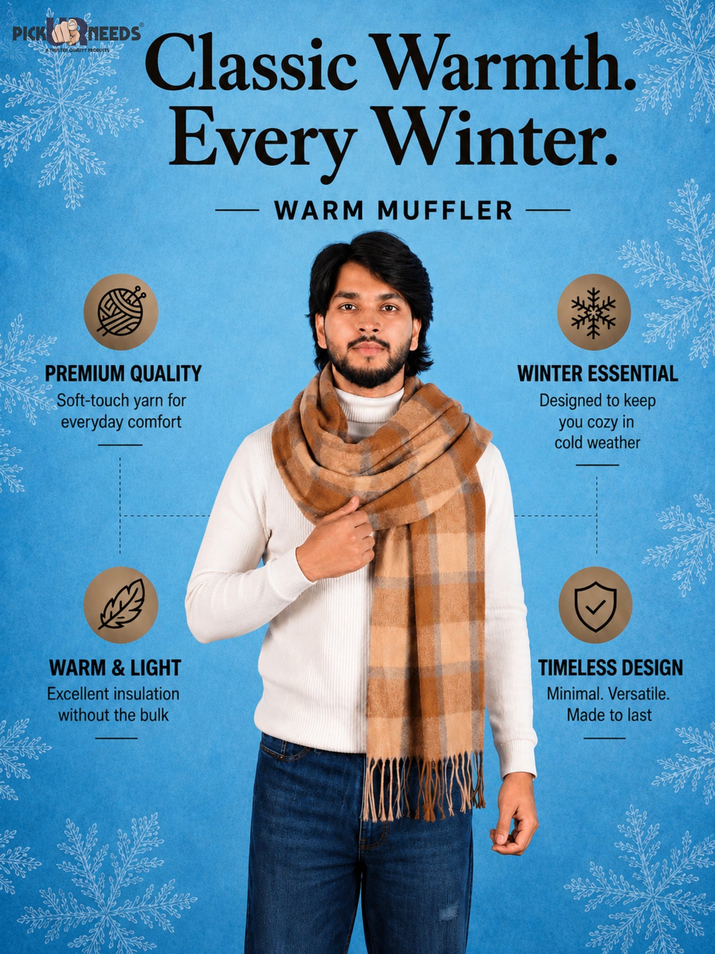 Pick Ur Needs Men’s Winter Muffler Shawl Soft Warm Checkered Scarf with Fringes  Stylish Neck Wrap for Men & Boys  Winter Wear Accessory