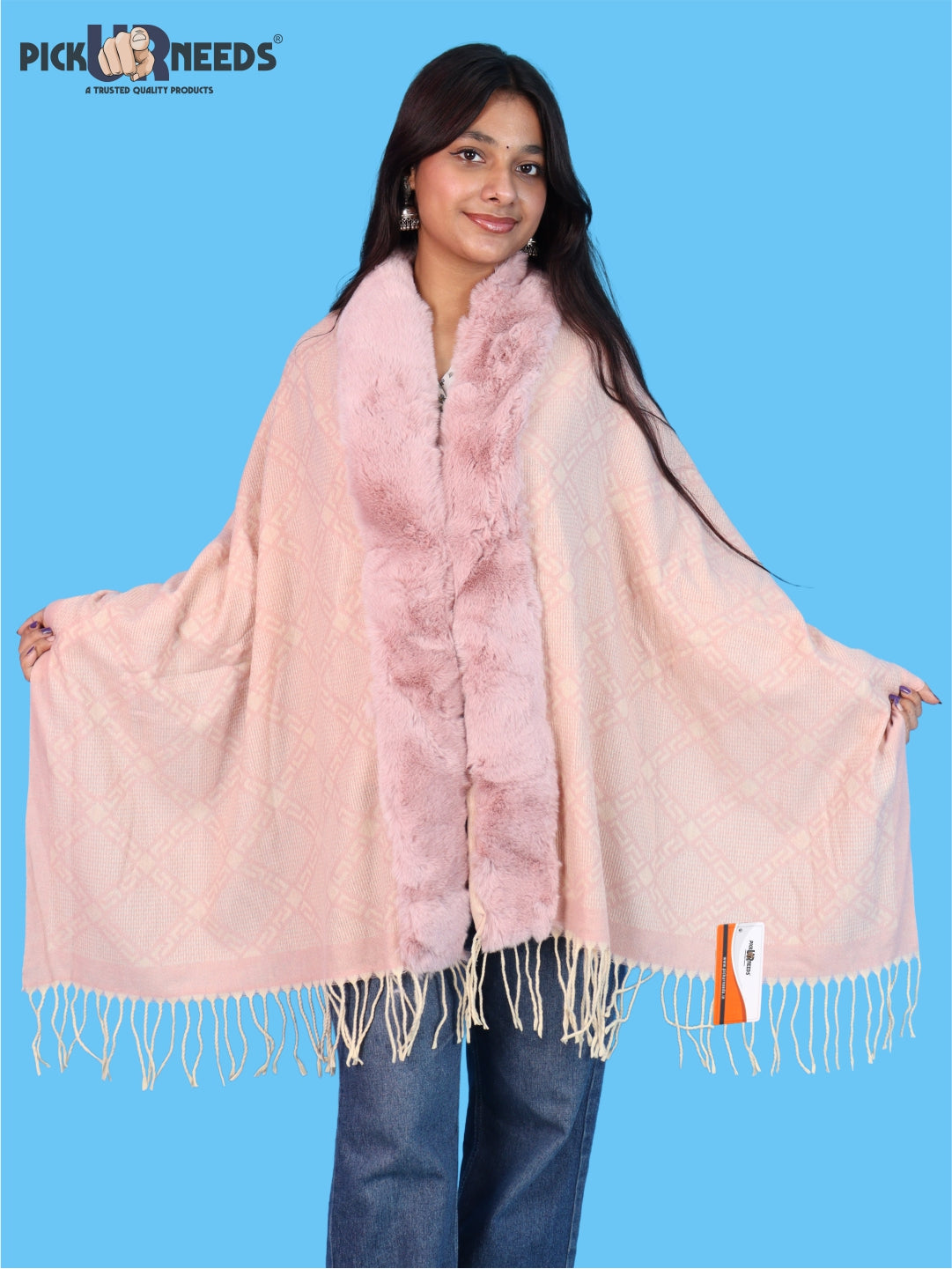 Pick Ur Needs Stylish Womens & Girls Winter Wear Shawl with Fur-Style Soft Warm Printed Wrap Stole with Fringes