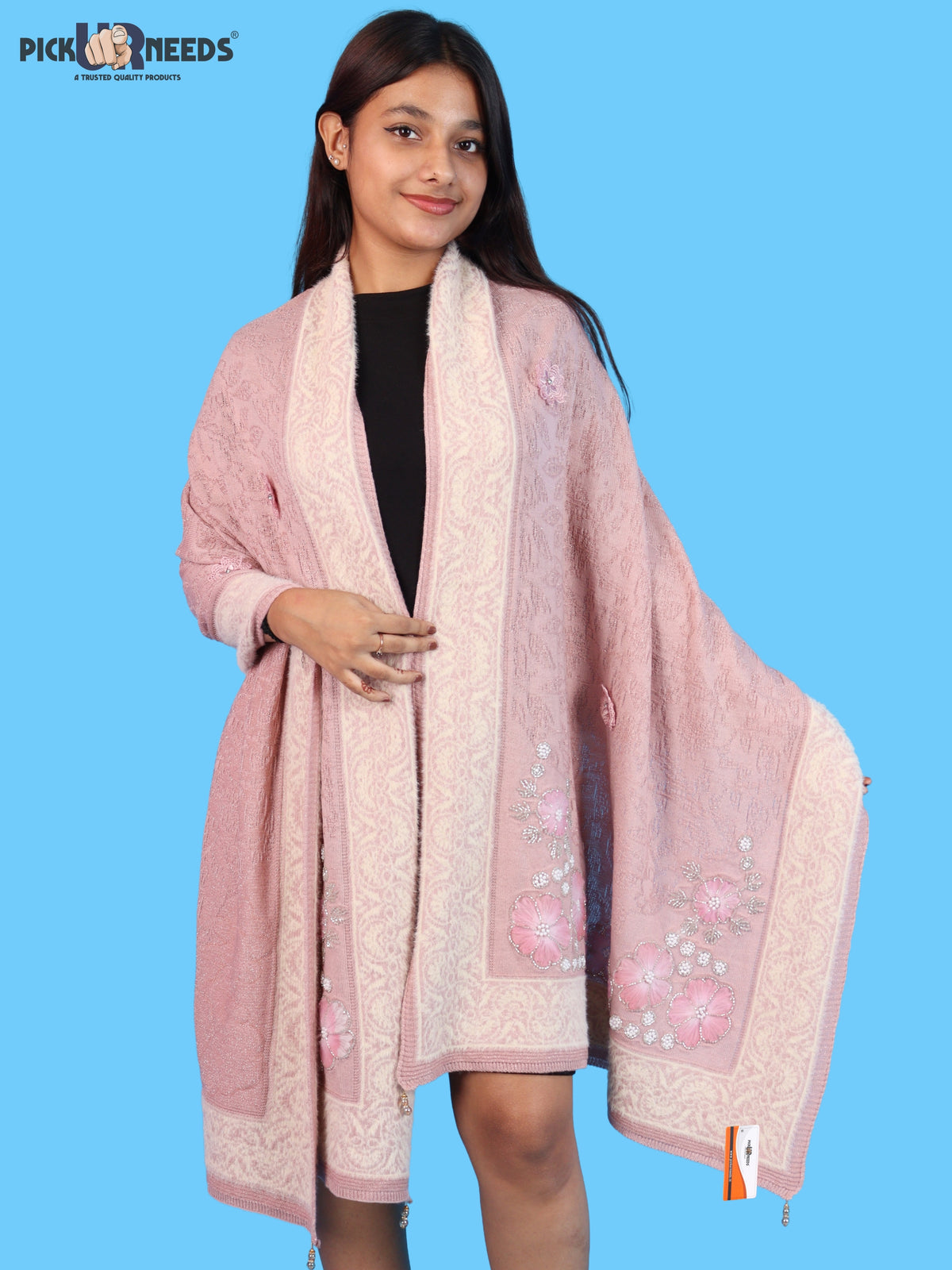 Pick Ur Needs Winter Woolen Womens Open Front Stylish Shrug with Elegant Floral Embroidery & Designer Border Soft Warm for Ladies & Girls