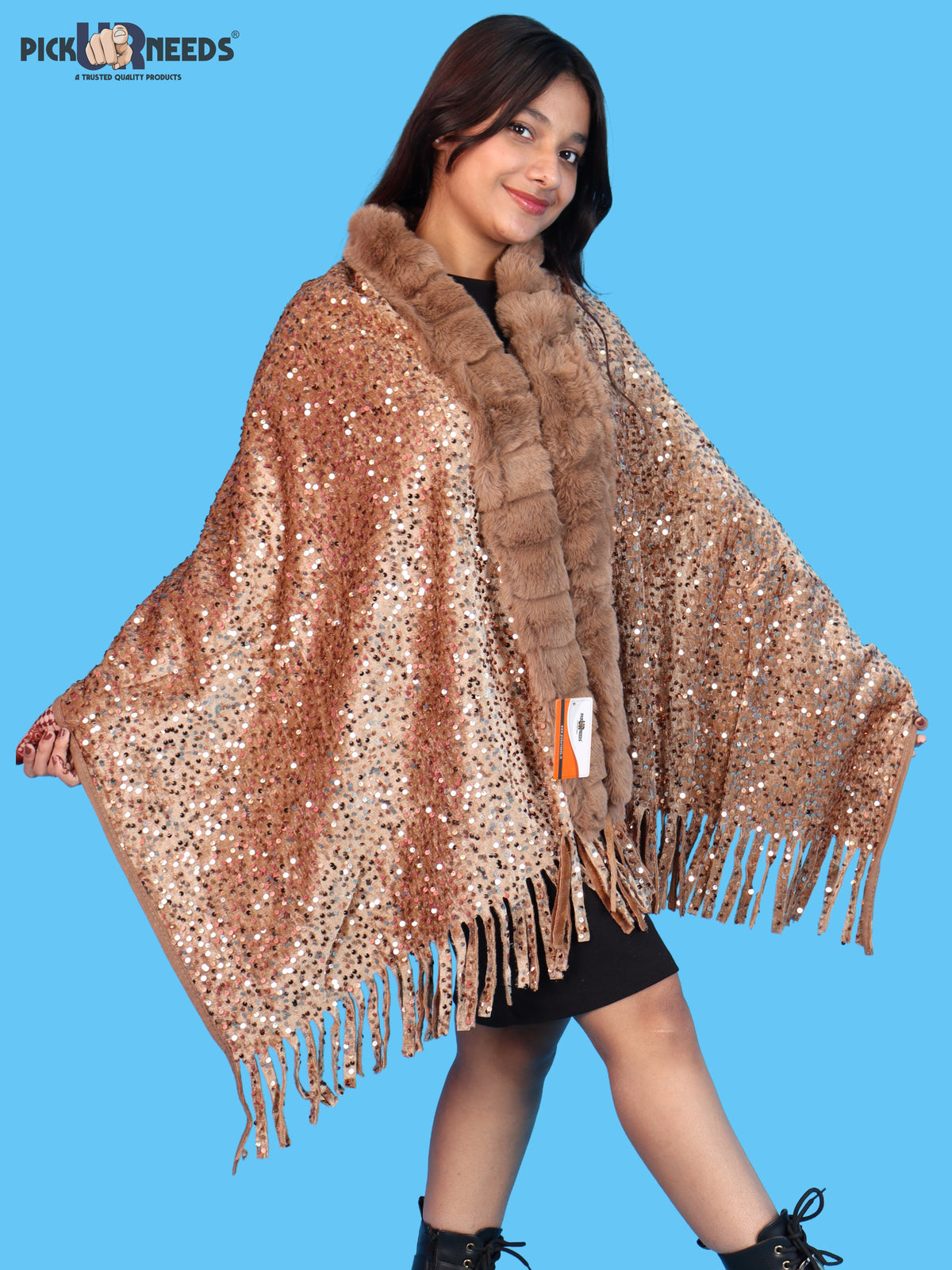 Pick Ur Needs Premium Winter Women Shawl with Shimmering Sequin Work & Soft Fur Border Elegant Warm Designer Shawls with Fringe Tassels for Ladies & Girls