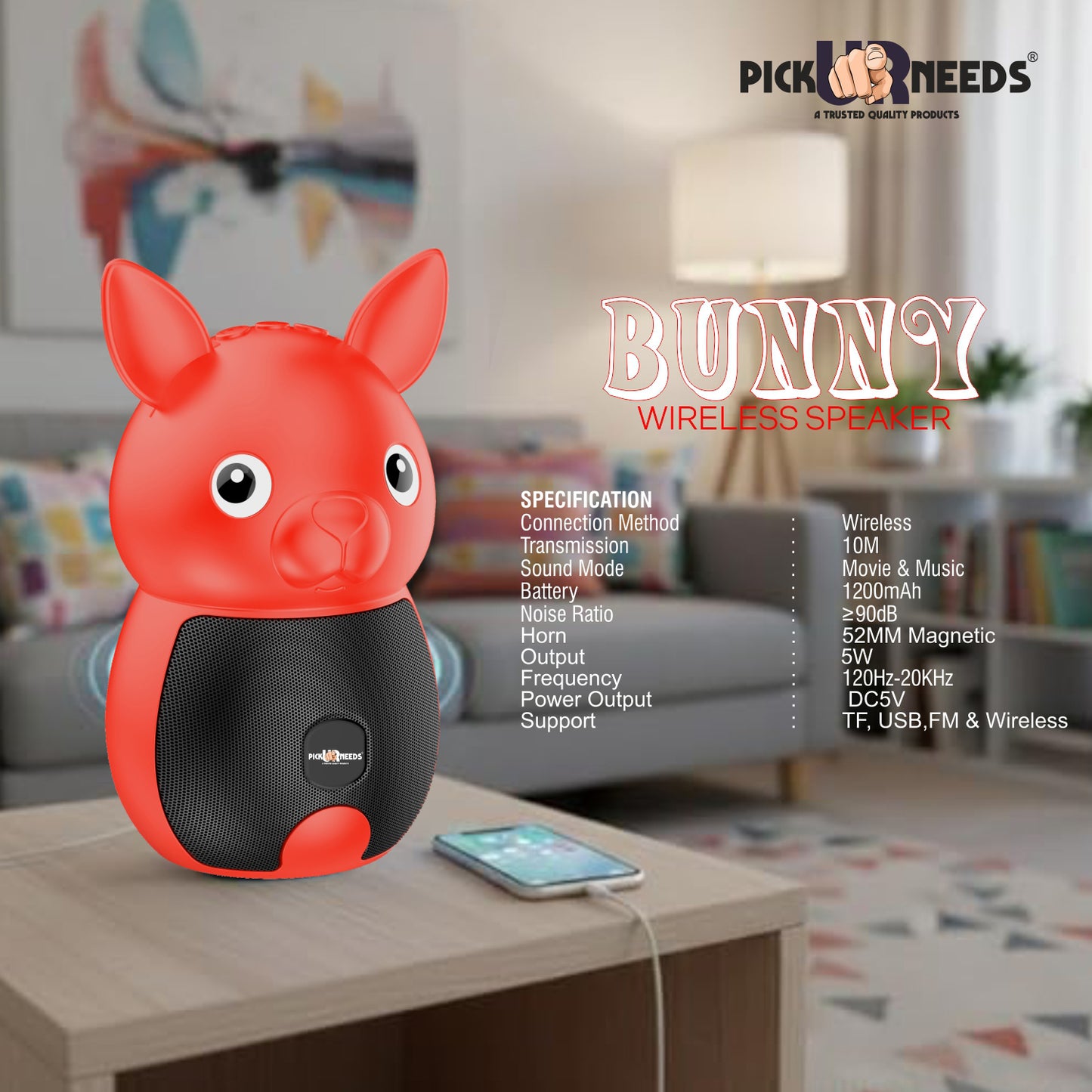Pick Ur Needs Bunny Bluetooth Speaker | Cute Portable Wireless Speakers with TWS, FM Radio, USB & TF Card | Rechargeable Mini Speaker for Kids & Desk Use