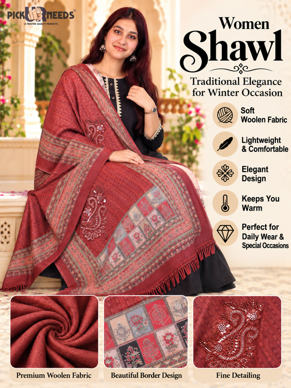 Pick Ur Needs Premium Soft Woolen Women & Girls Stylish Shawl with Elegant Design for Winter & Wedding