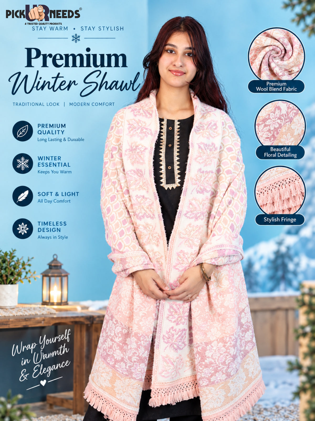 Pick Ur Needs Womens & Girls Winter Premium Shawl Floral Patterned Wool Blend Wrap with Decorative Border & Fringe Finish
