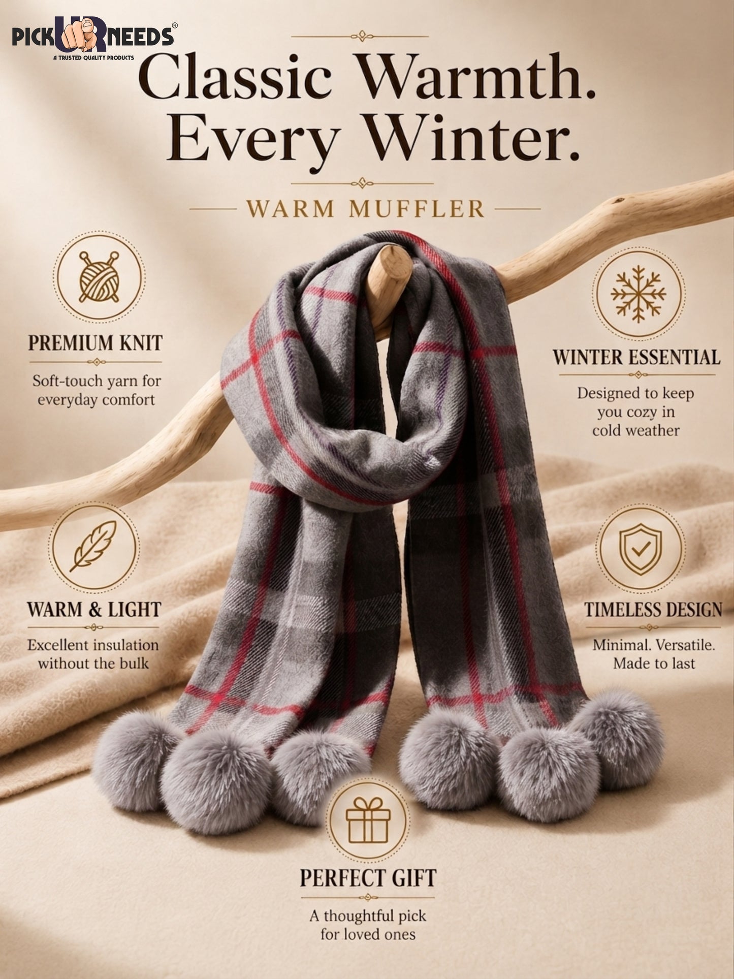 Pick Ur Needs Women’s Winter Scarf for Stylish & Comfortable Girls Wear Soft Warm Printed Muffler with Fringe & Pom Pom Detailing