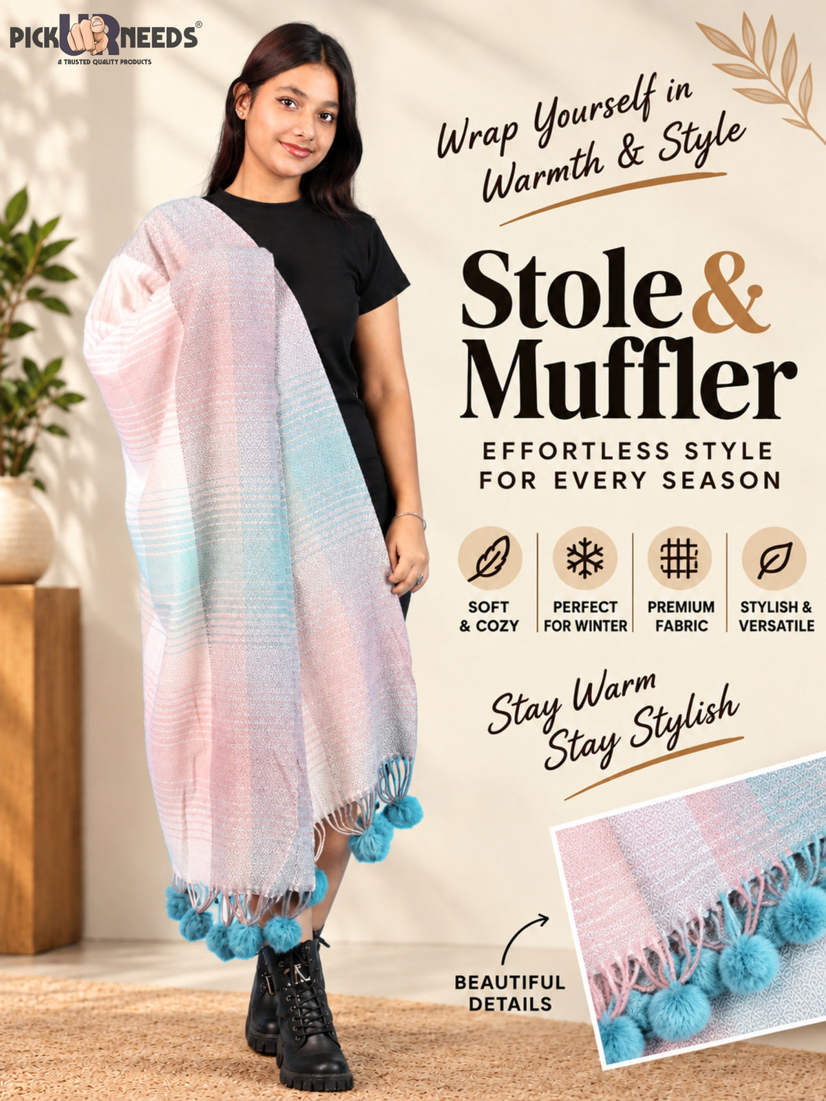 Pick Ur Needs Women & Girls Winter Shawl Soft Warm Striped Pattern Shawl with Tassel & Pom Pom Border Stylish Ladies Winter Wrap