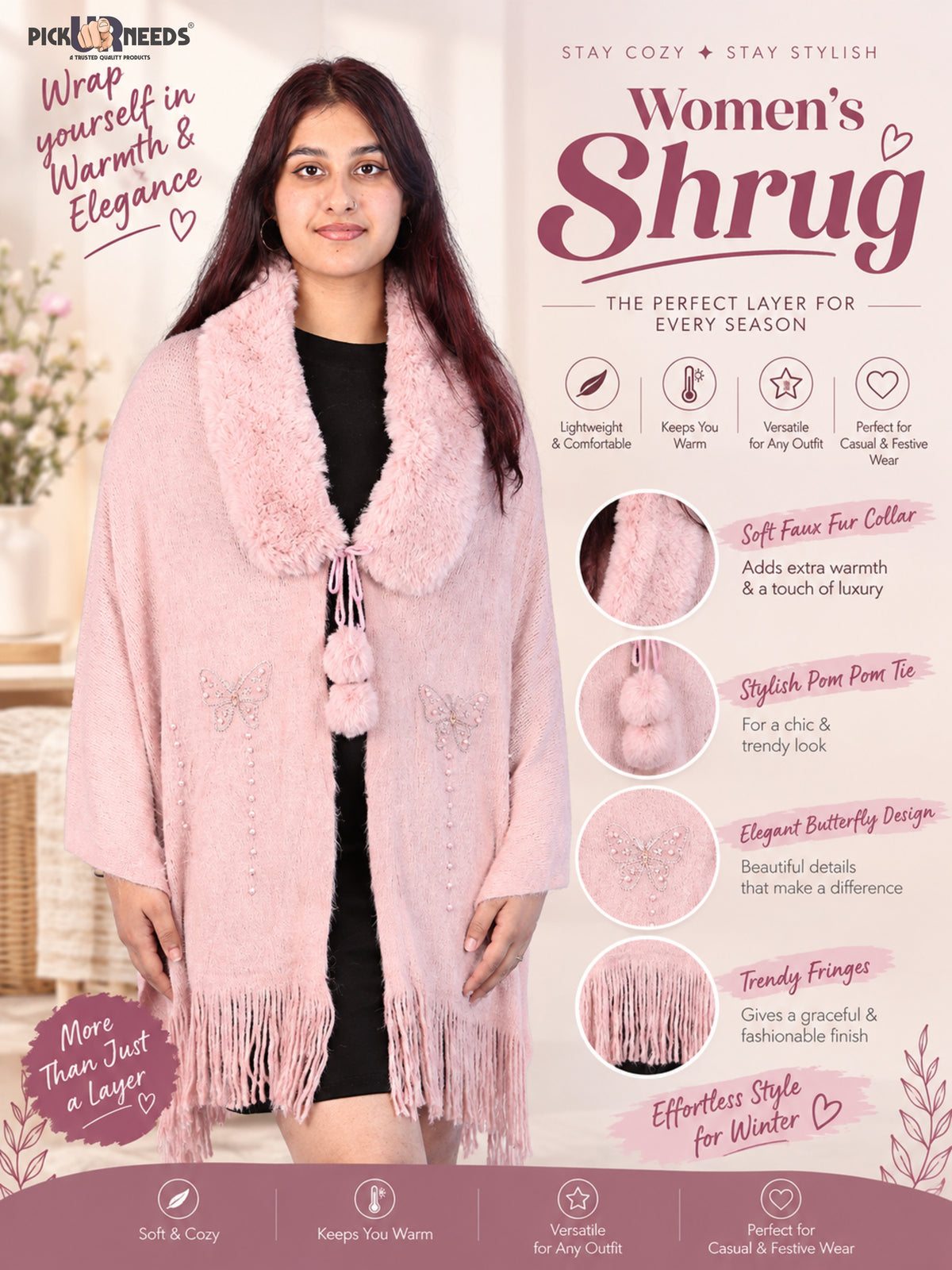 Pick Ur Needs Womens Faux Fur Collar Shrug with Pom Pom Tie Shawl Elegant Fringed Winter Wrap for Women & Girls