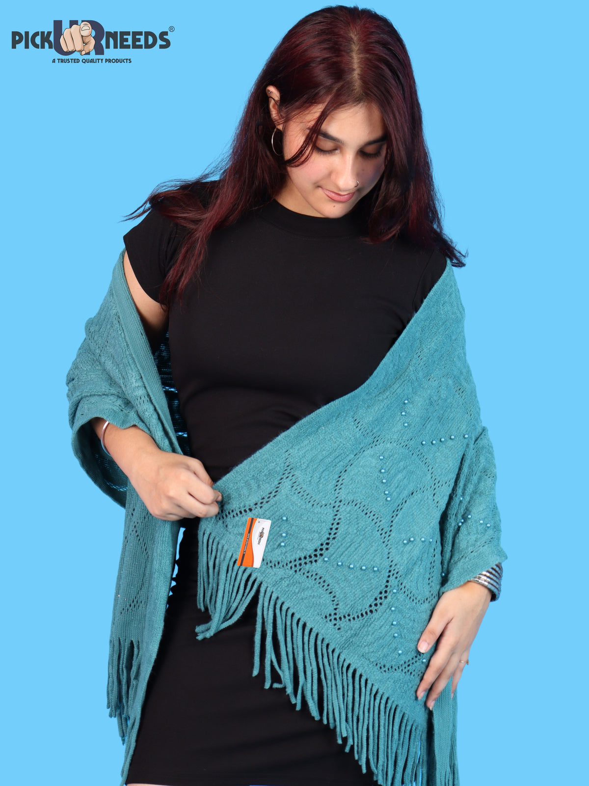 Pick Ur Needs Women & Girls Winter Warm Woolen Muffler with Pearl Work & Fringes – Soft Stylish Wrap