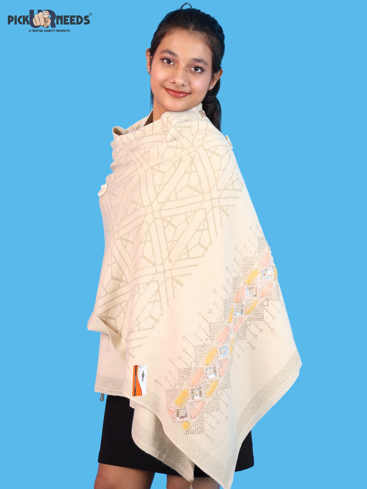 Pick Ur Needs Womens Soft Woolen Winter Girls Shawl with Elegant Geometric Design & Floral Embellishments Lightweight Warm Comfortable Ladies Shawl