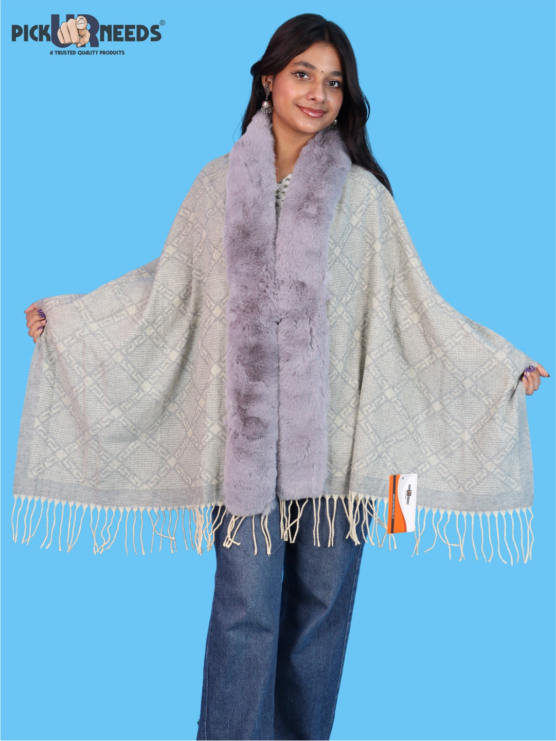 Pick Ur Needs Stylish Womens & Girls Winter Wear Shawl with Fur-Style Soft Warm Printed Wrap Stole with Fringes