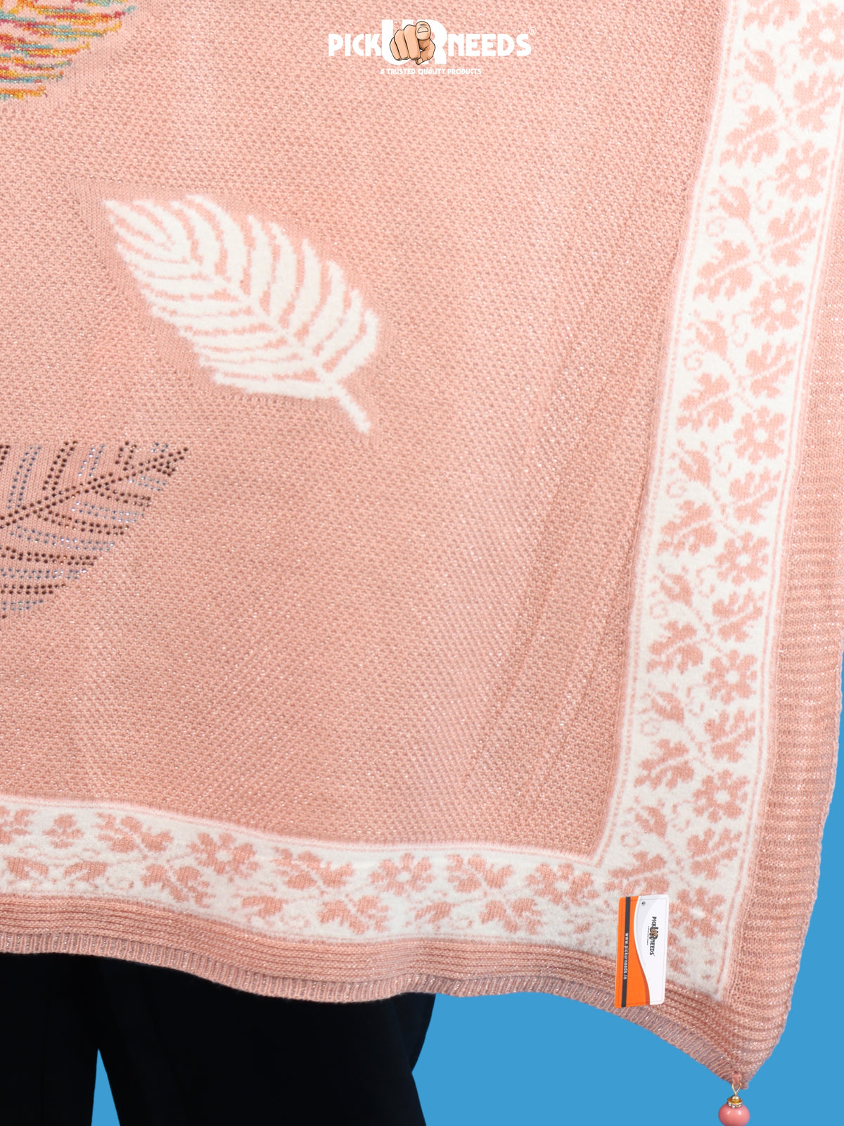 Pick Ur Needs Girls & Womens Winter Soft Lightweight Knitted Shawl with Leaf Design, Floral Border & Decorative Tassels
