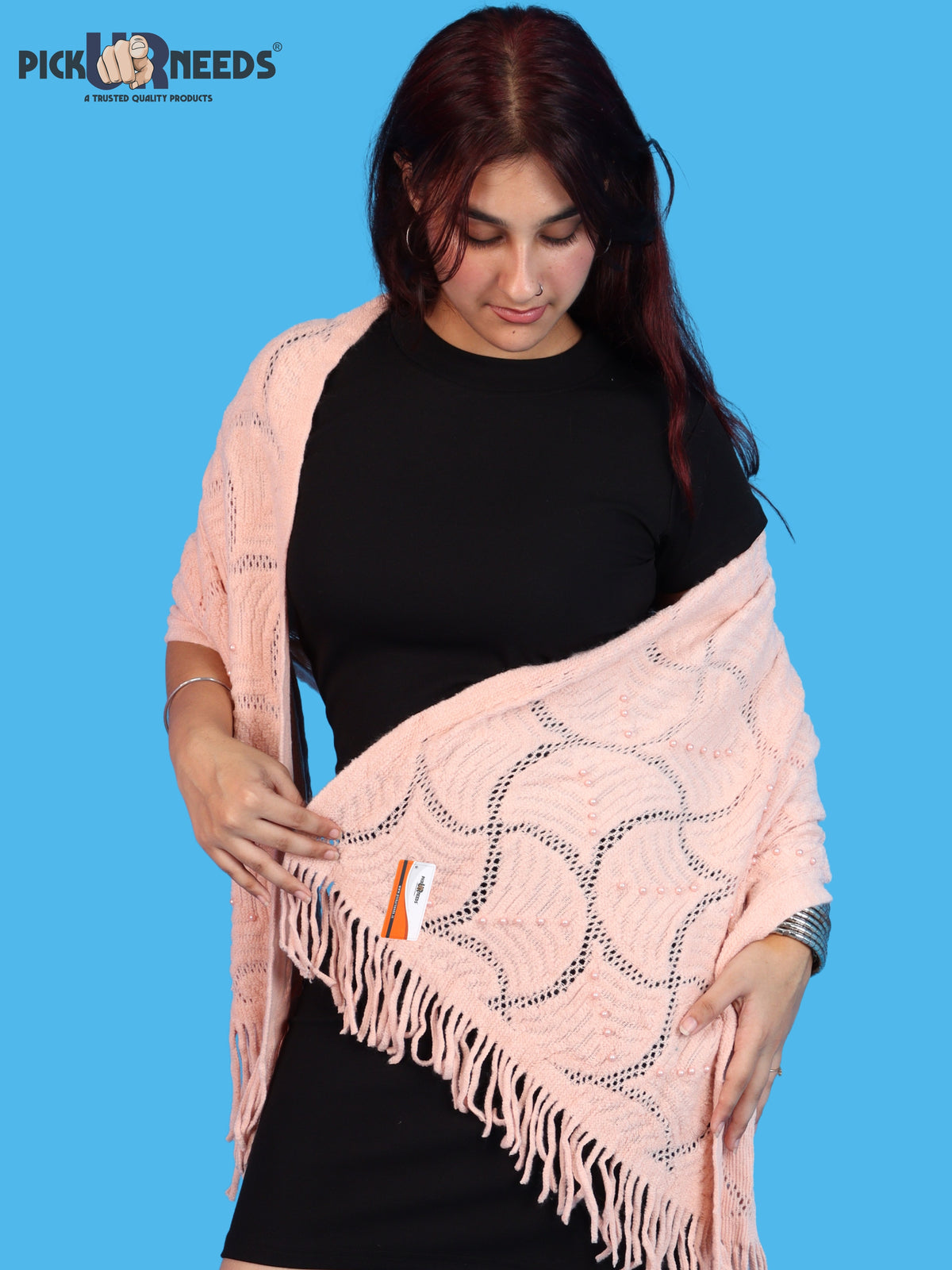 Pick Ur Needs Women & Girls Winter Warm Woolen Muffler with Pearl Work & Fringes – Soft Stylish Wrap