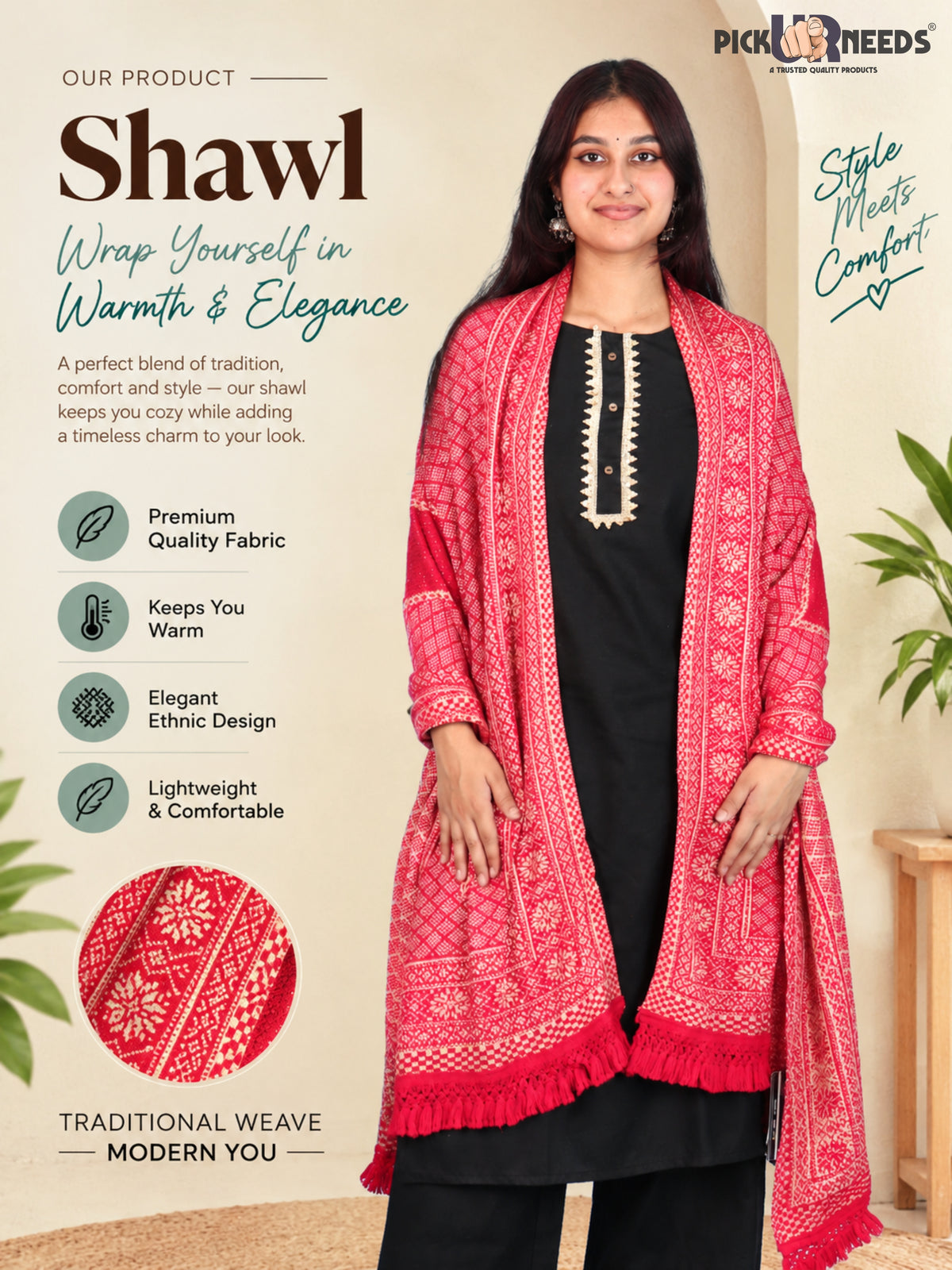 Pick Ur Needs Women & Girls Designer Shawl Stole with Elegant Woven Floral & Geometric Pattern, Soft Warm Winter Wrap with Fringed Border, Stylish Shoulder Scarf for Ladies