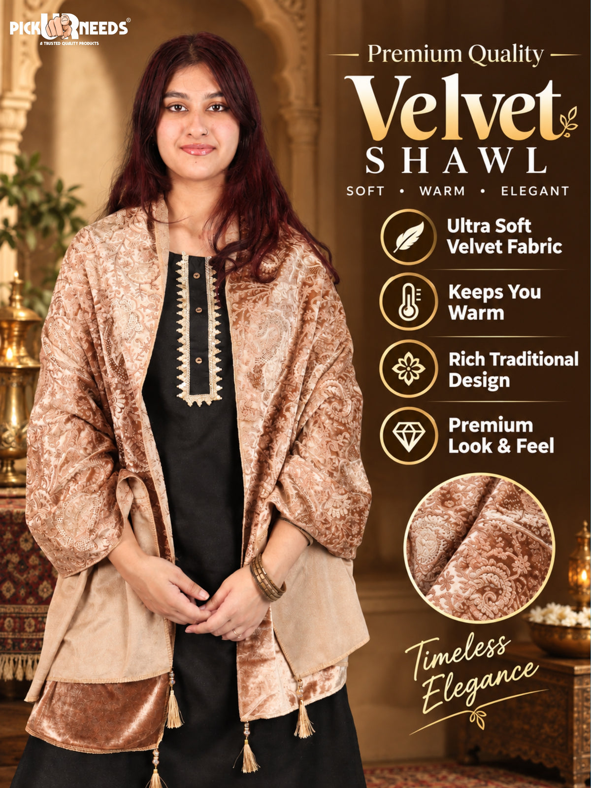 Pick Ur Needs Premium Winter Shawl for Women Ultra Soft & Cozy Warm Velvet Fabric with Rich Traditional Floral Design For Girls