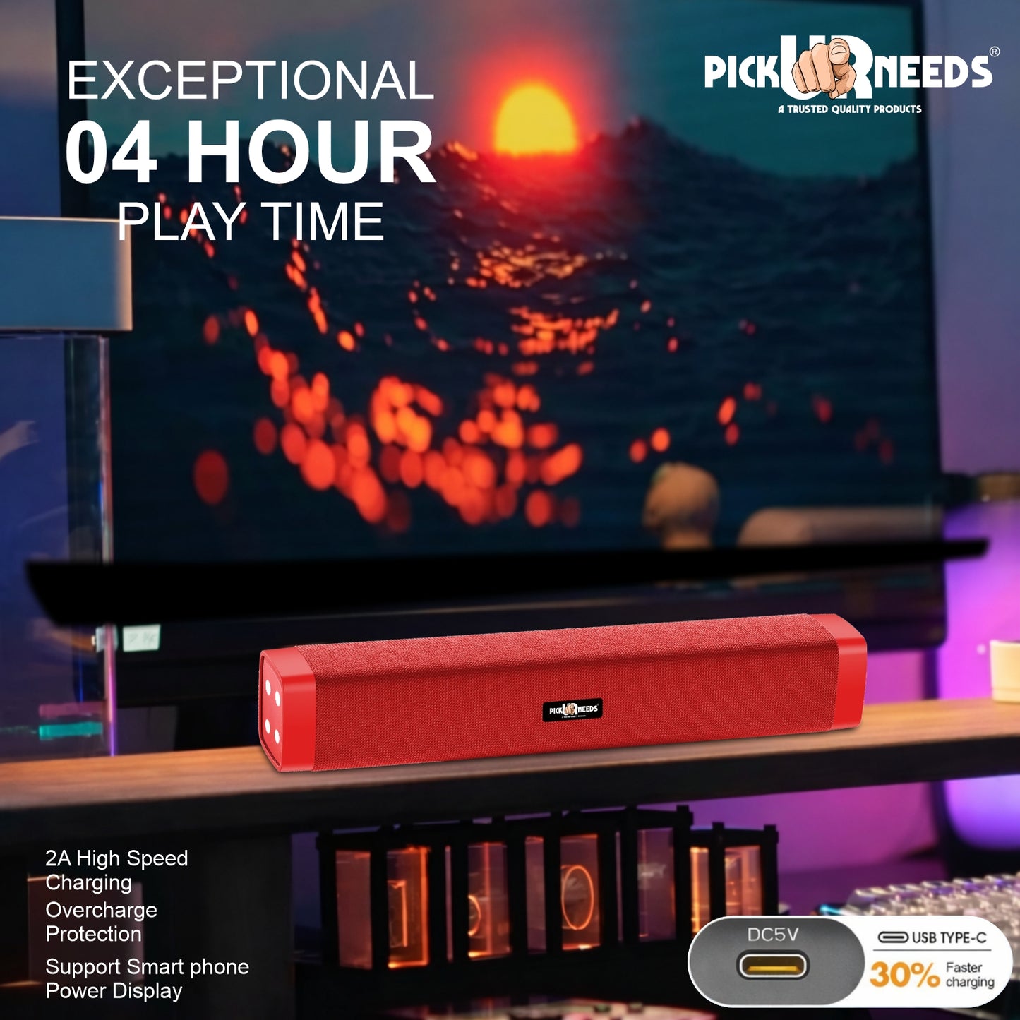 Pick Ur Needs Rechargeable 10W Wireless Bluetooth Soundbar Speaker with 1200mAh Battery, FM Radio, TF Card, USB & AUX Support – 4 Hours Playtime Home & Outdoor Speakers