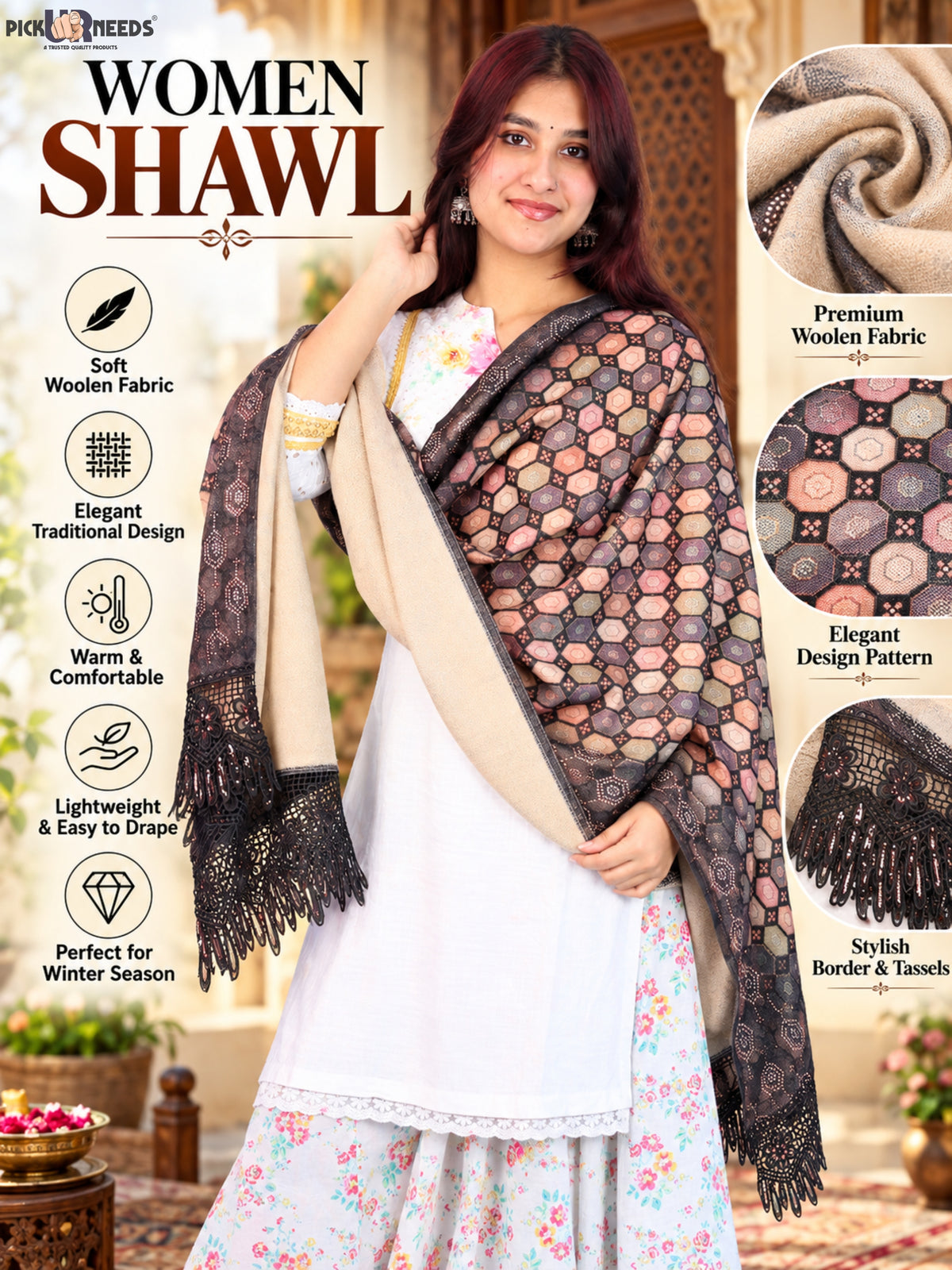 Pick Ur Needs Premium Stylish Womens & Girls Elegant Woolen Shawl Soft Warm Printed Stole with Lace Tassels