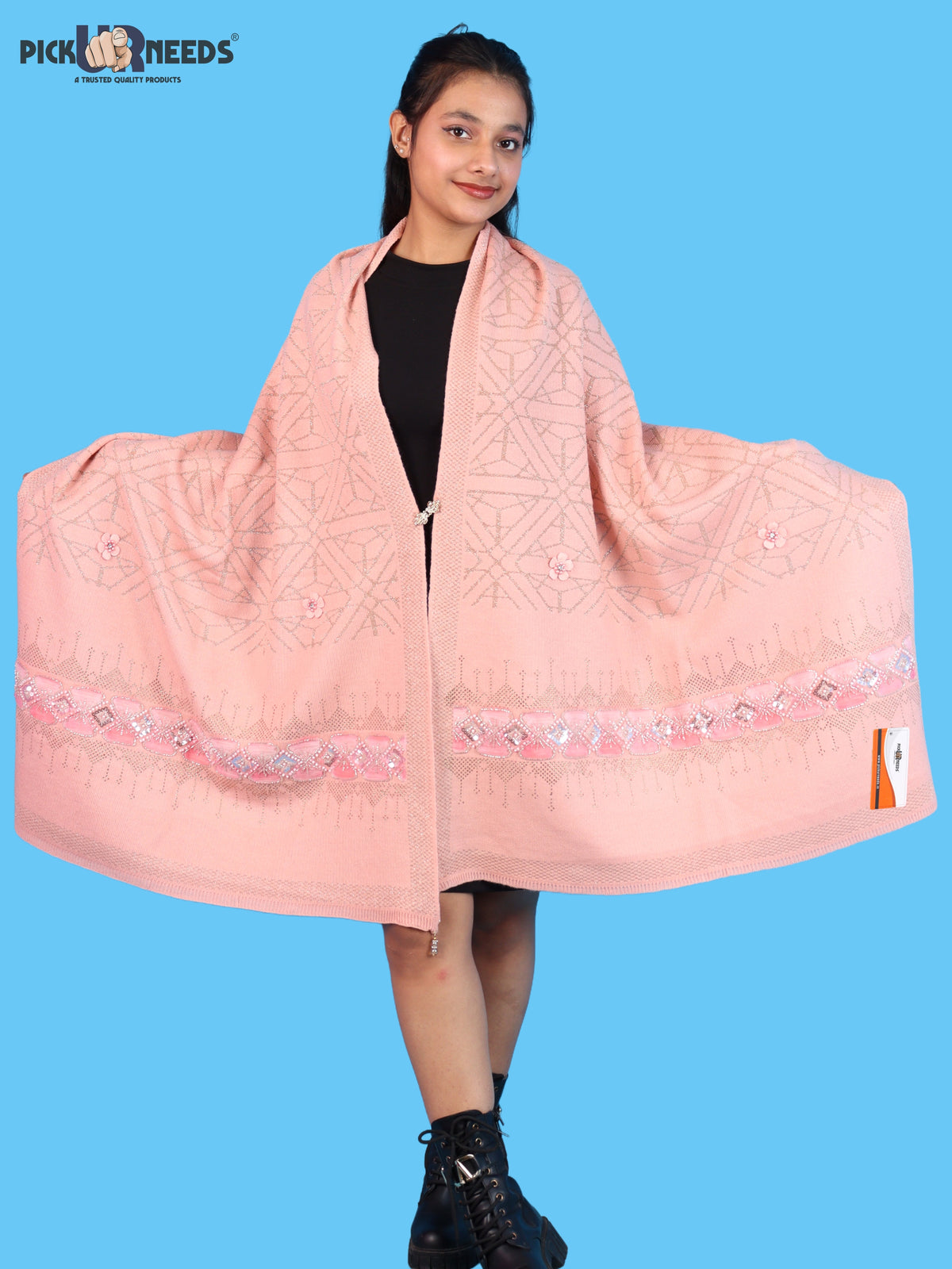 Pick Ur Needs Womens Soft Woolen Winter Girls Shawl with Elegant Geometric Design & Floral Embellishments Lightweight Warm Comfortable Ladies Shawl