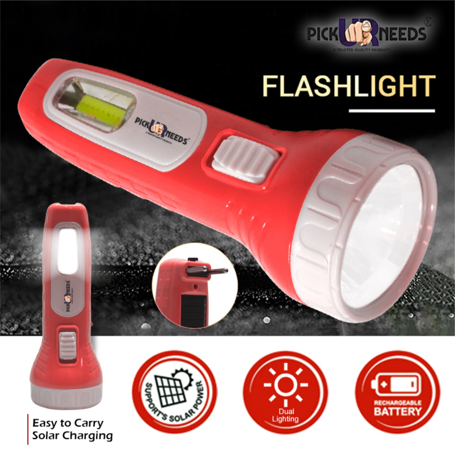 Pick Ur Needs Mini Solar Rechargeable Flashlight Two-Pin Plug LED Torch with Front and Side Light