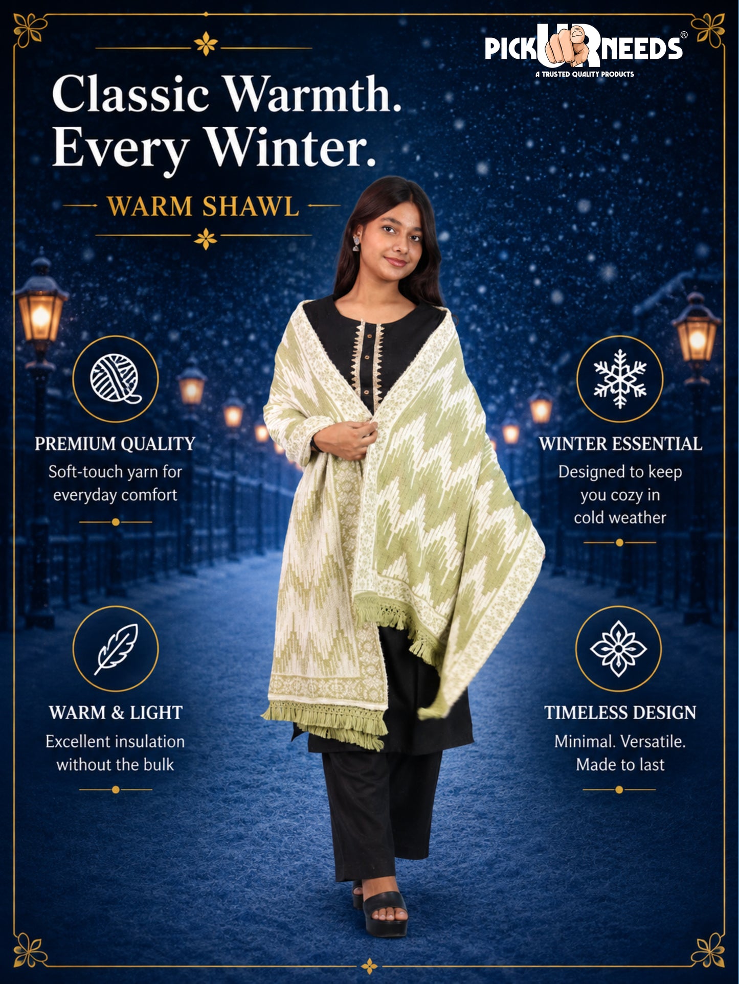 Pick Ur Needs Premium Wool Shawl For Womens & Girls Winter Muffler Soft Knitted Designer Wrap Warm Stole