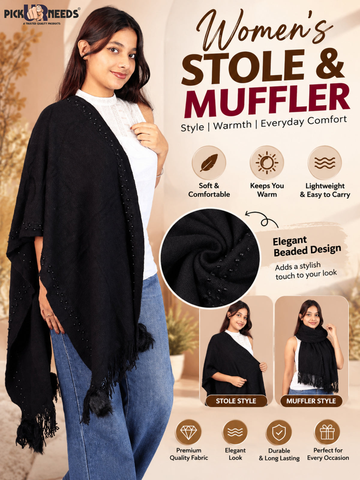 Pick Ur Needs Women & Girls Elegant Woolen Shawl with Beaded Border & Fringed Ends, Soft Warm Lightweight Winter Wrap Stole