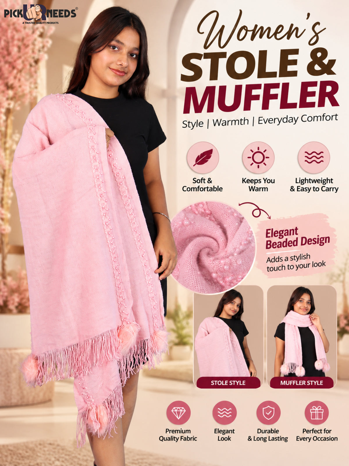 Pick Ur Needs Women & Girls Elegant Woolen Shawl with Beaded Border & Fringed Ends, Soft Warm Lightweight Winter Wrap Stole